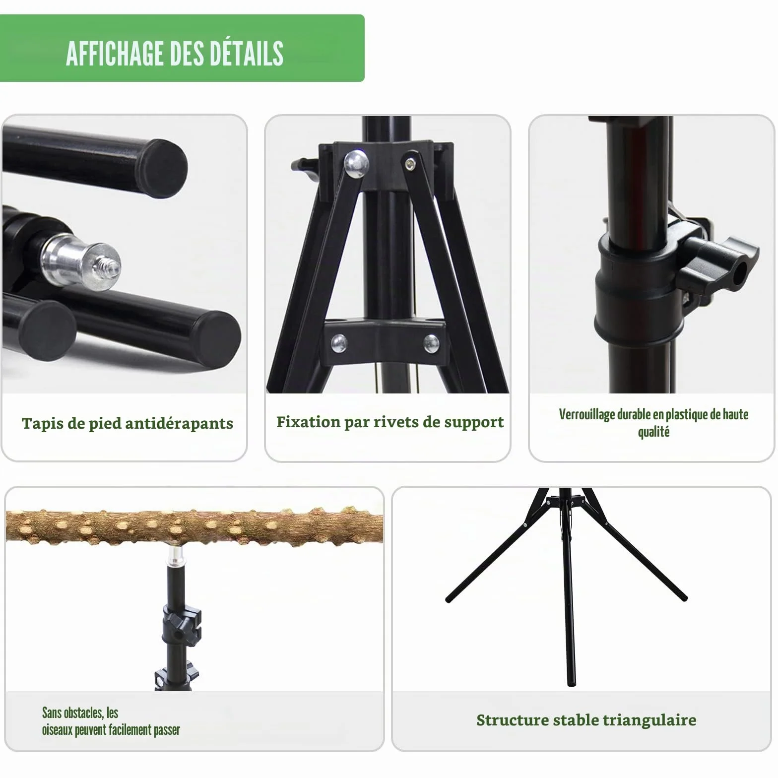 Perchoir en bois de poivre naturel hauteur réglable pour oiseaux petite et moyenne taille intérieur extérieur