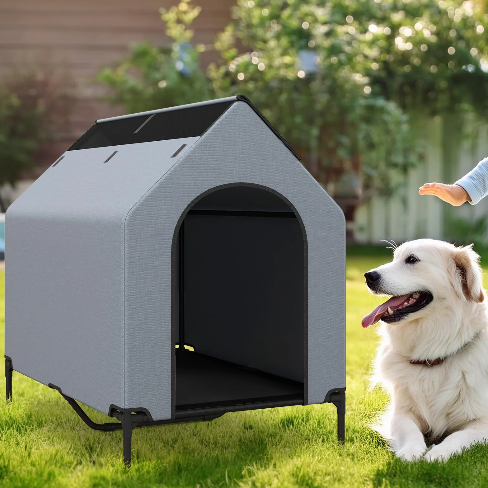 COSTWAY Chenil pour Chien 2 en 1 75x110x106 cm Tissu Oxford Fenêtre Ventilée Housse Amovible Base Surélevée 40 kg