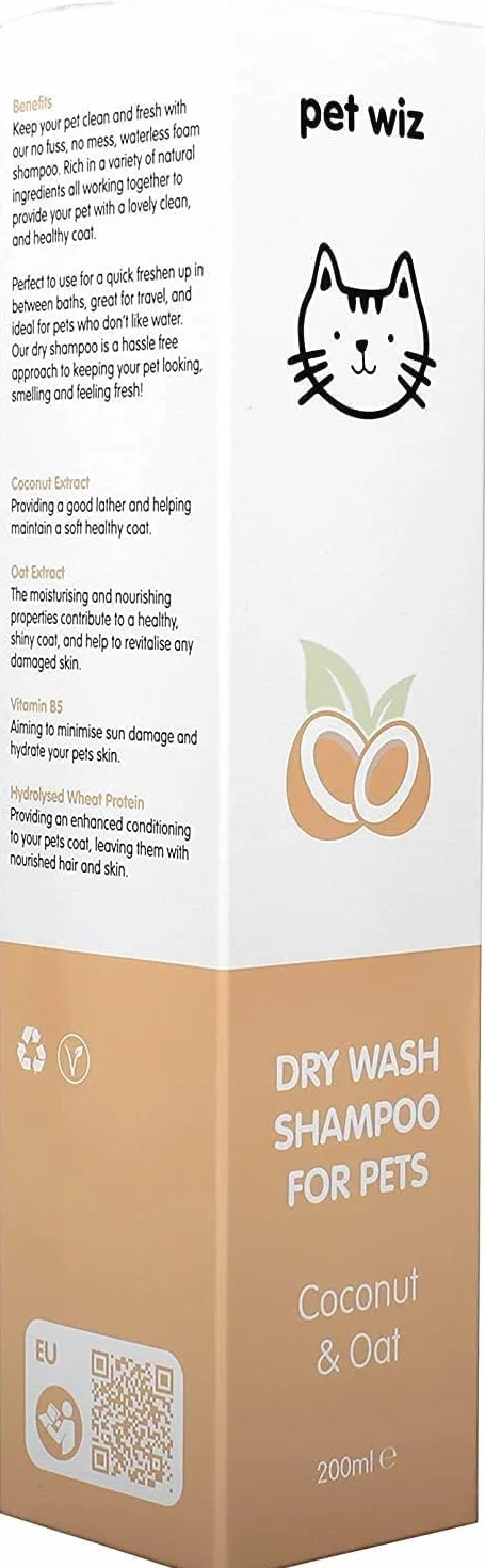 Shampooing de Lavage à Sec pour Animaux de Compagnie - Apaisant et Désodorisant, Ingrédients Naturels, Séchage Rapide et sans Rinçage (Noix de Coco & Avoine)