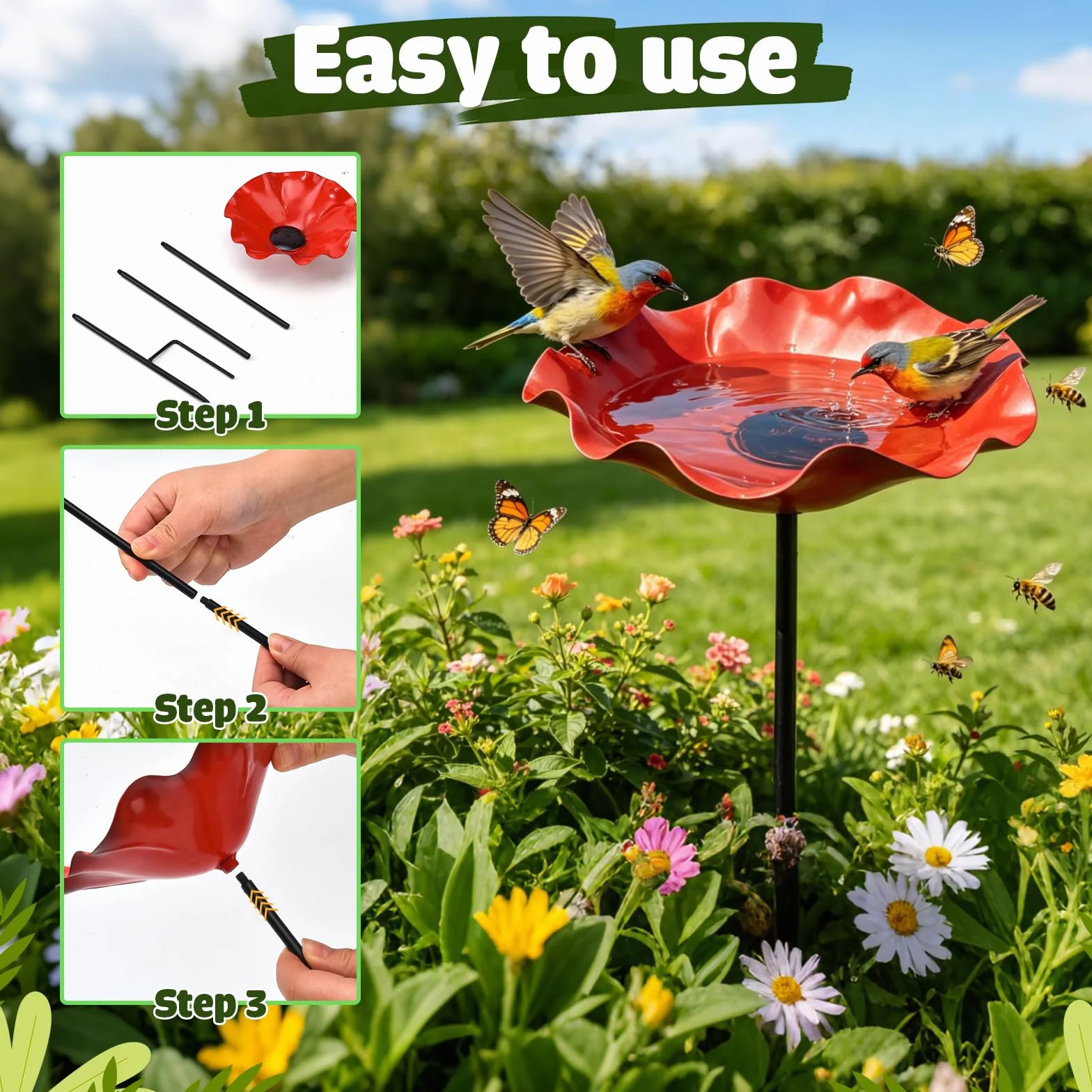 Bain d'Oiseaux sur Tige en Métal, Abreuvoir Fleur pour Oiseaux Extérieur, Fontaine avec Point d'Eau pour Abeilles, Décor Jardin Métal 65 cm