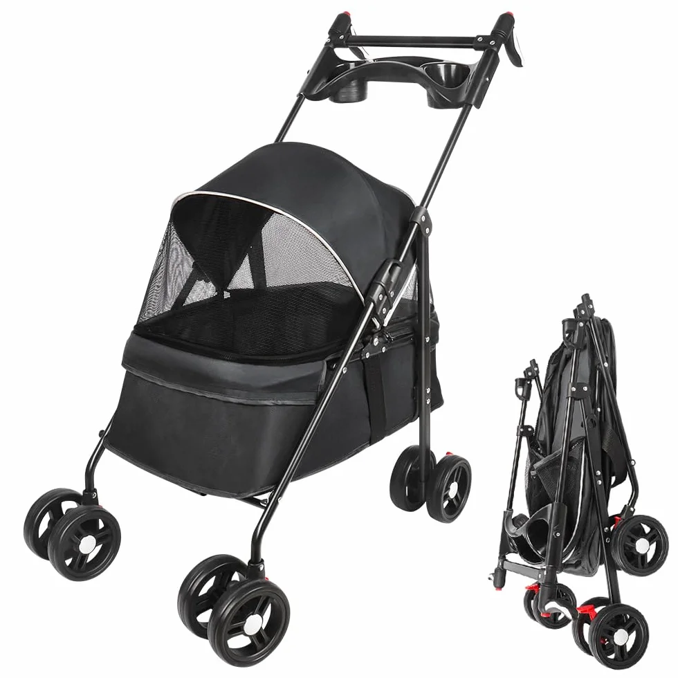 Poussette pour Chien 25 Kg avec Sac de Rangement, Housse de Pluie et Porte-gobelet - Pet Stroller Buggy 50x70x95cm Noir