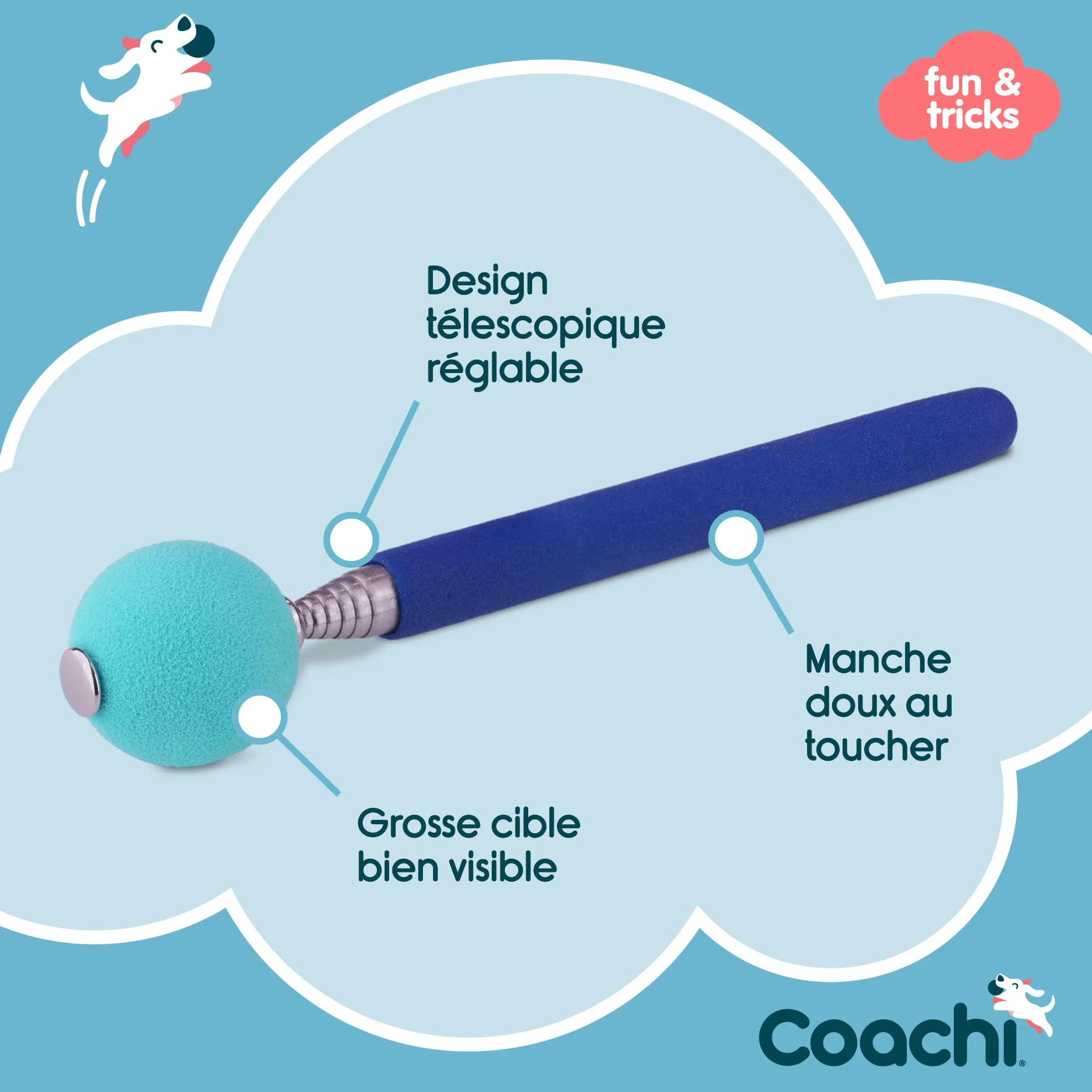 Target Stick Coachi, conception télescopique avec grande balle cible, accessoire pour chien pour le dressage au clicker et à l’agilité, apprentissage d’ordres et tours, adapté aux chiens et aux chiots