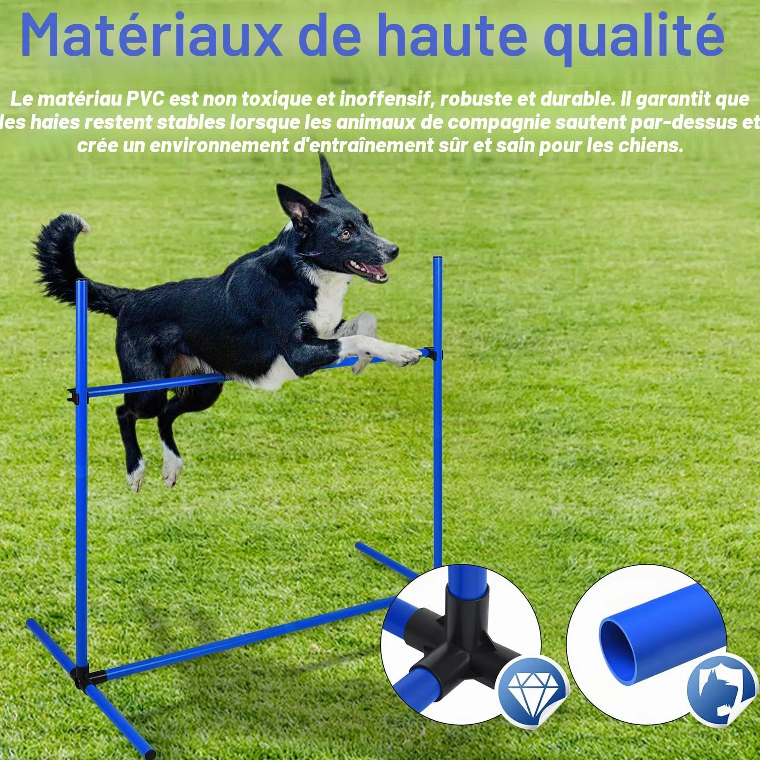 Ensemble d'obstacles d'agilité pour chien, set de 4 tiges de slalom, hauteur réglable, plastique, bleu