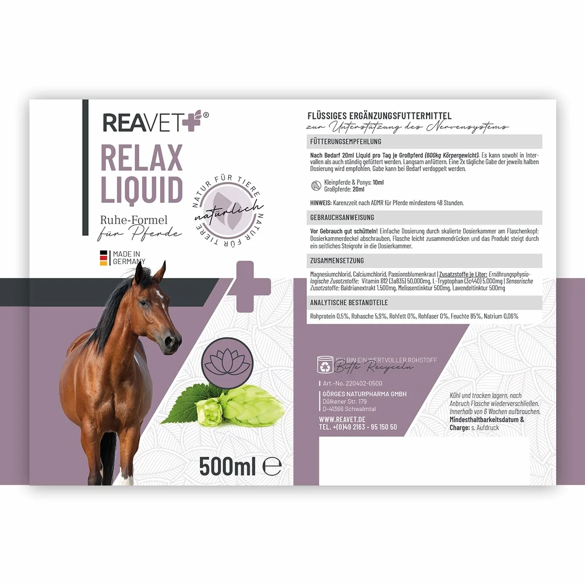 ReaVET Relax Liquide pour Chevaux 500ml - Sédatif pour chevaux stressés et anxieux, apaisement nerveux