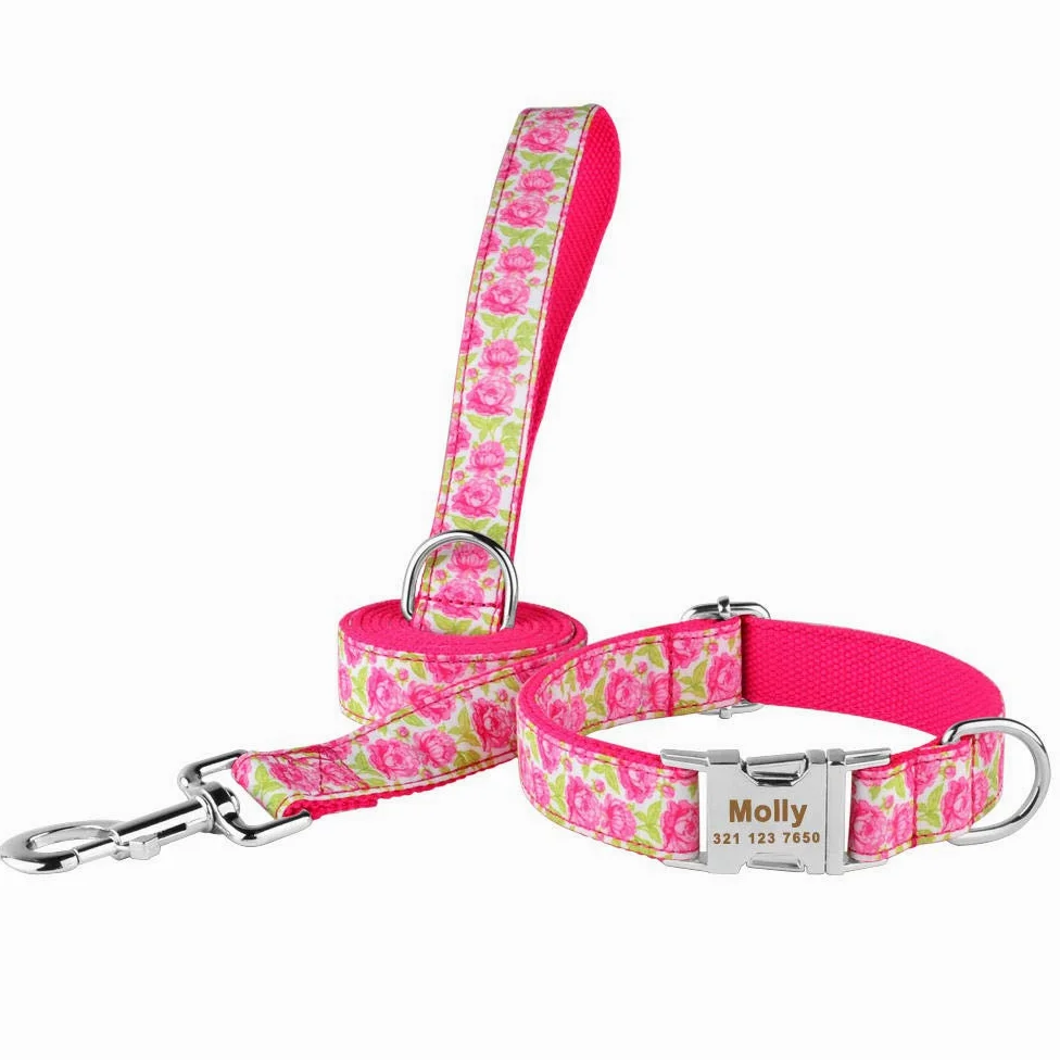 Chien Laisse Réglable en Nylon Cool Collier De Chien Personnalisé Sculpté Nom Téléphone Bleu Pitbull Personnalisé Colliers De Chien Accessoires De Chien Tag-Rosey_Set_M