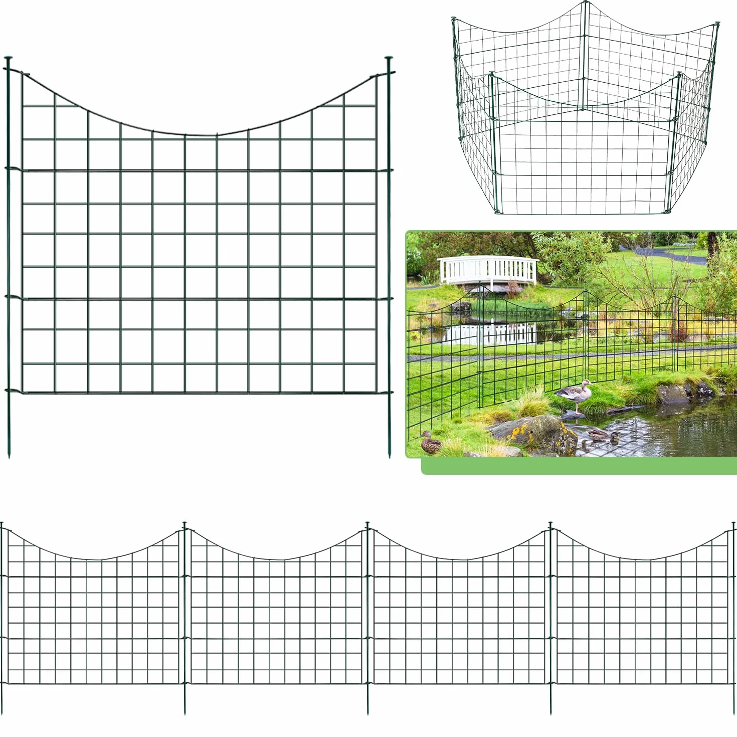 Clôture d'Étang et de Jardin en Métal 5 Éléments 6 Barres de Fixation Avec Arche Inférieure