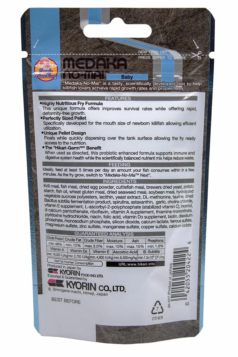 Hikari MEDAKA NO-MAI Baby, Nourriture Semi-Flottante pour Alevins de Medaka, Granulés 0,2 mm, 40 g