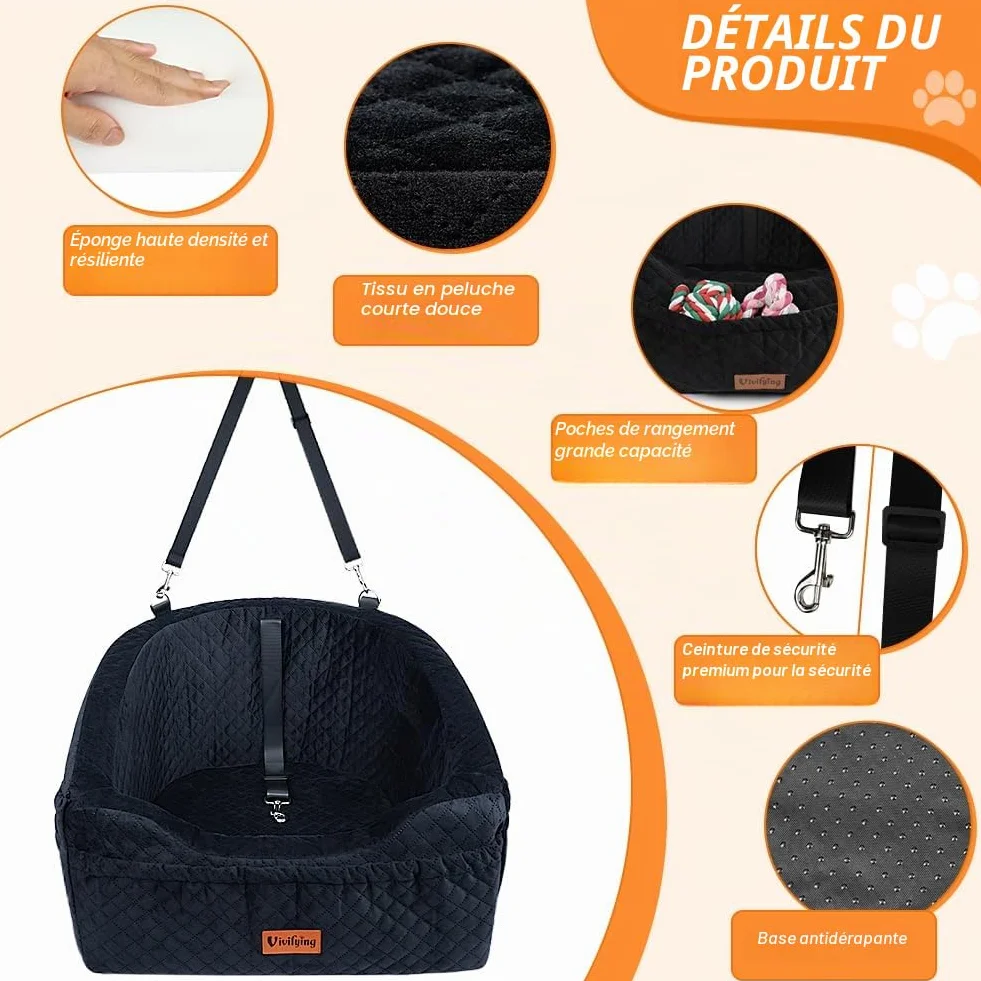 Siège Auto pour Petit Chien Rehausseur Amovible Lavable jusqu'à 11,3 kg Lit de Voyage avec Rangement Ceinture de Sécurité Noir