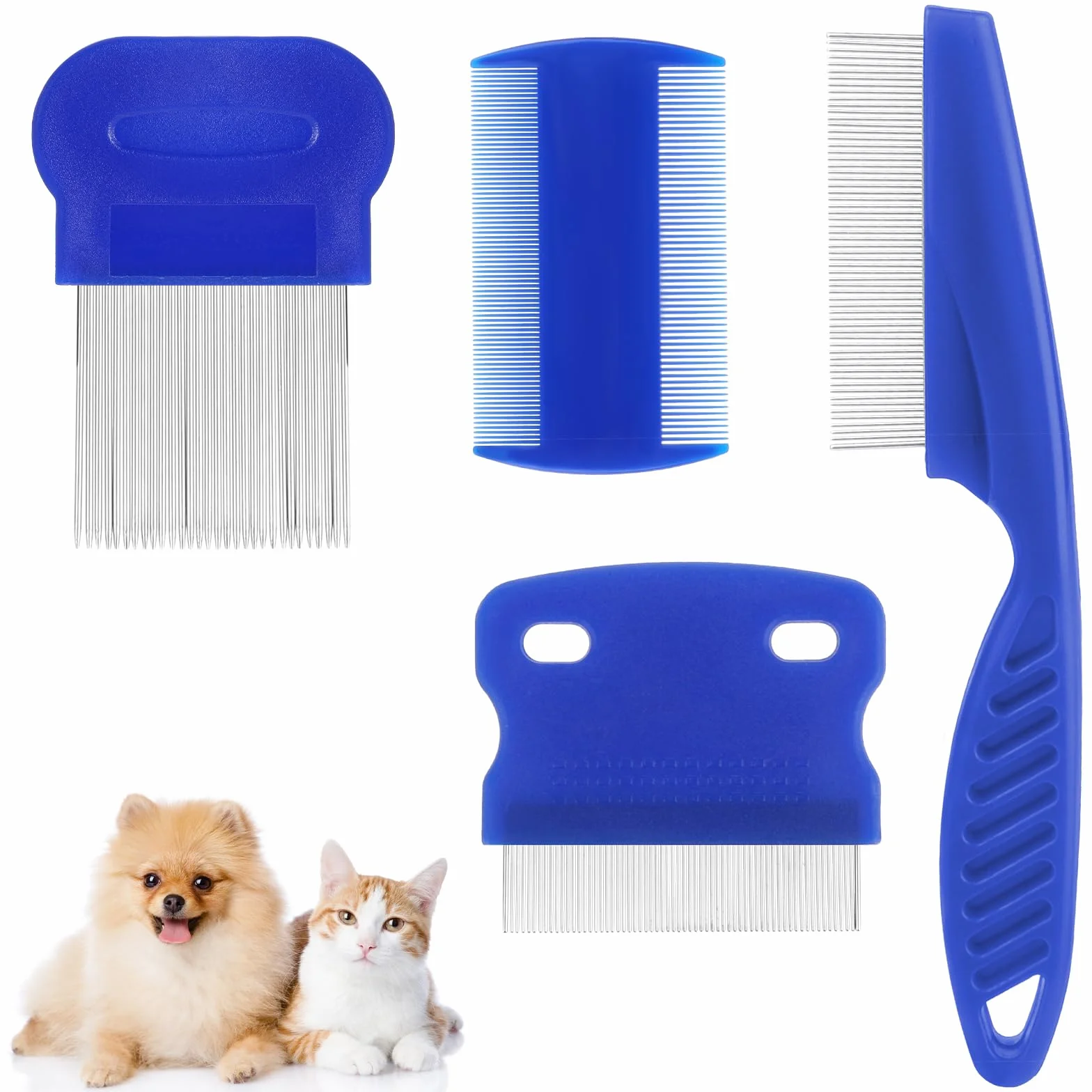 Molain Lot de 4 peignes anti-poux en métal pour chat et chien - Peigne anti-puces en plastique double face - Peigne anti-poux en acier inoxydable - Peigne à poux en métal - Bleu