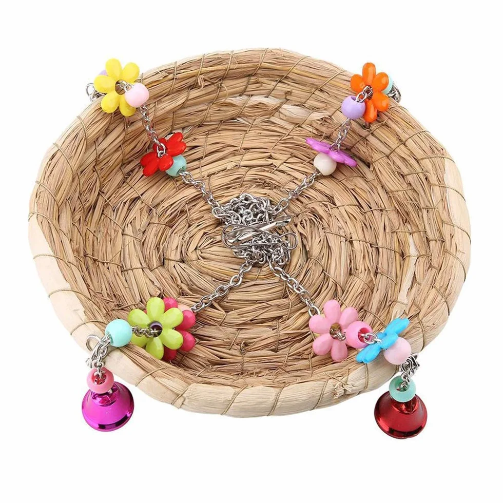 Nid d'Oiseau de Perroquet, Balançoire en Paille Tissée à la Main avec 4 Cloches en Métal