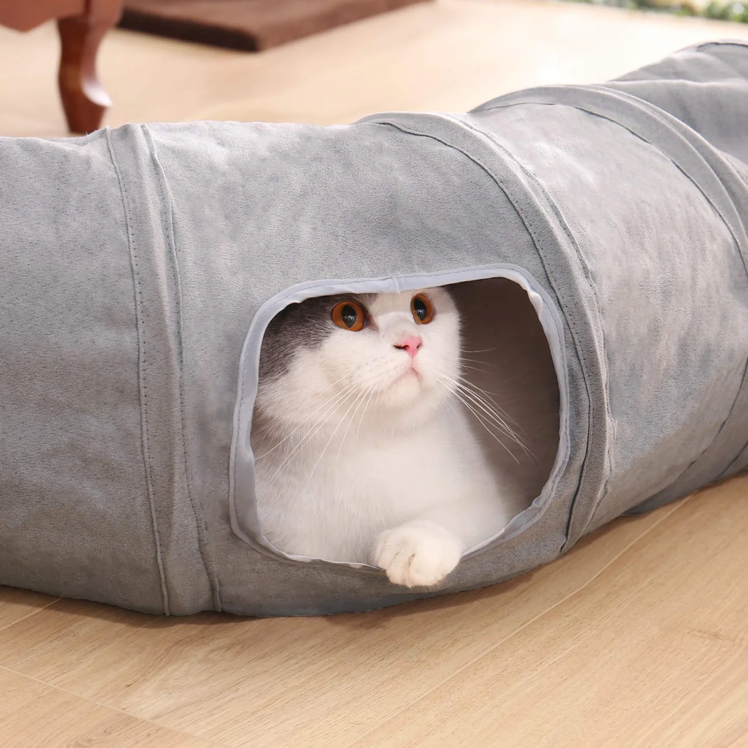OHANA S Forme Jouet Tunnel pour Chat en Daim, Grand Tunnel a Chat Pliable avec 2 Trous et Boule Suspendue pour Chats Chatons Lapins Dia27 * 117cm
