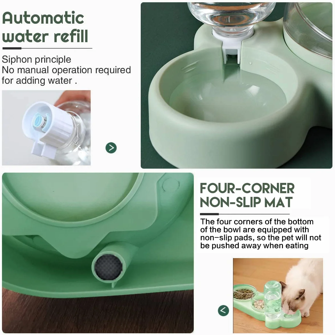 Double Gamelle Chat Surélevée Inclinable 15° Bol Anti-Vomissements 3-en-1 Stockage d'Eau Automatique Vert