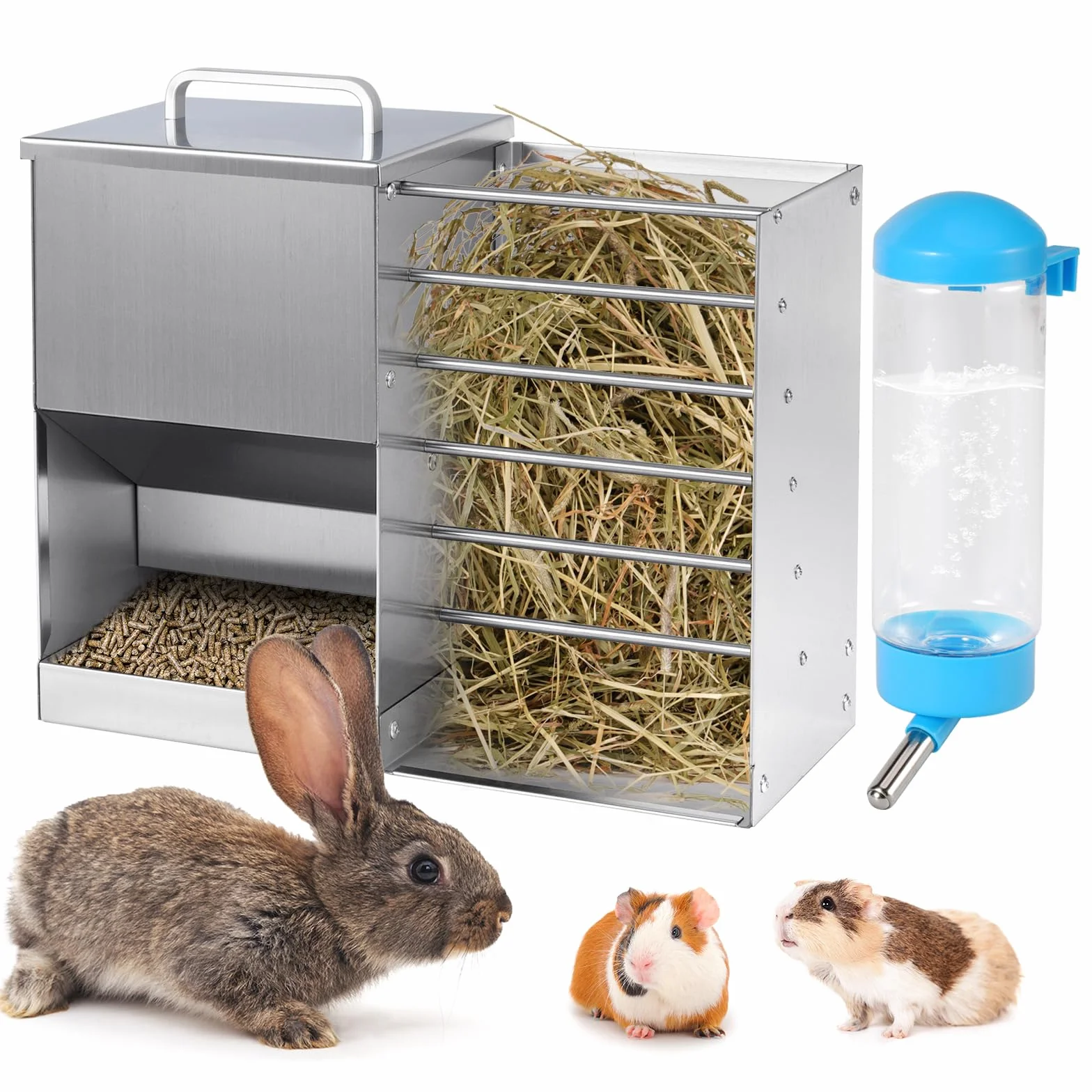 Mangeoire Automatique pour Lapin 2 en 1 avec Bouteille d'Eau 5L Distributeur Acier Inoxydable