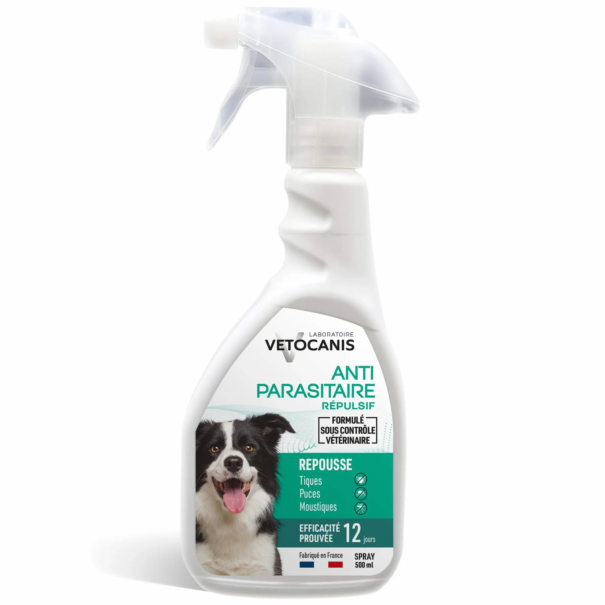 VETOCANIS, Spray Anti-puces et Anti-Tiques et Anti-Moustiques pour Chien, Spray Antiparasitaire 500ML, Répulsif Efficace 12 JOURS