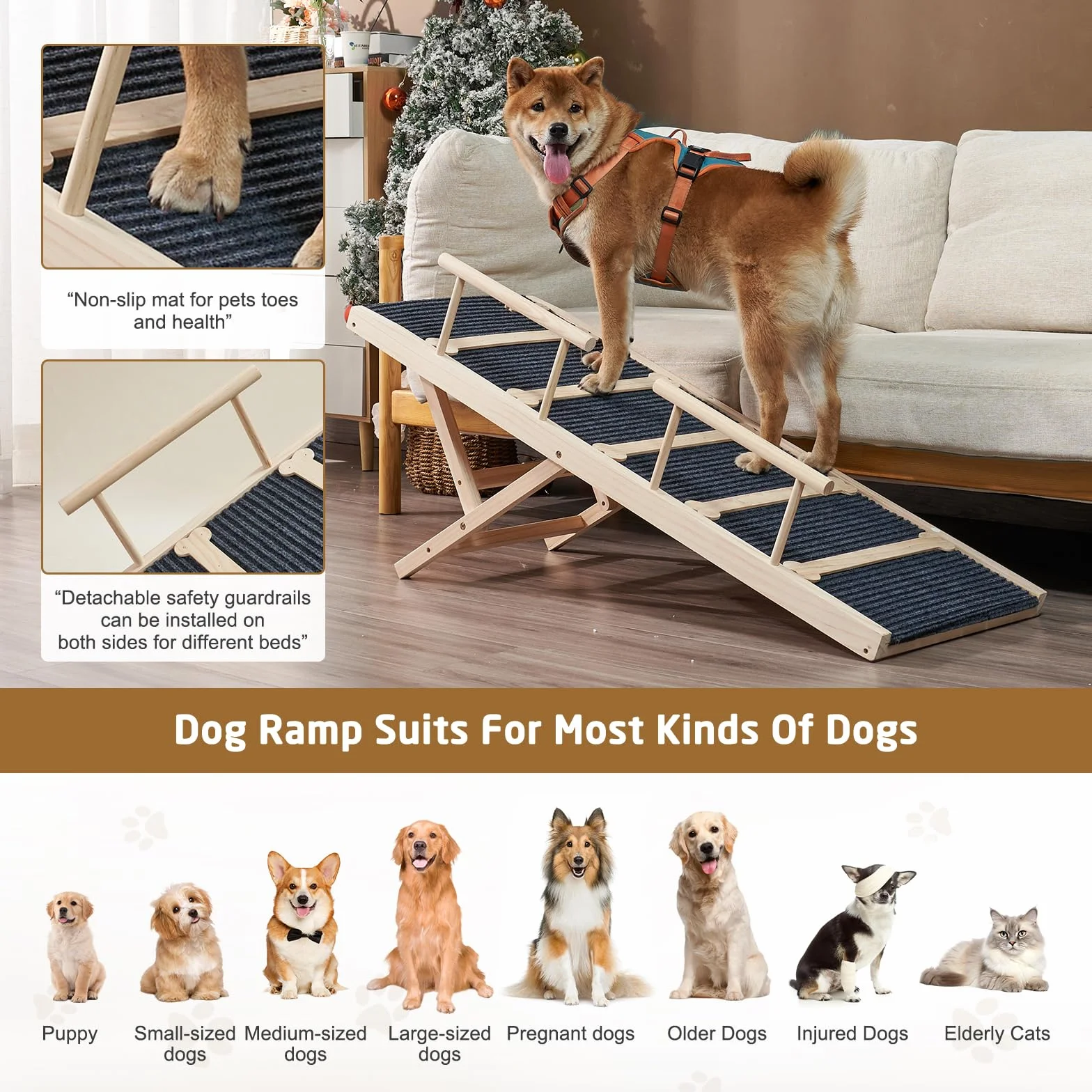 Rampe pour chien en bois 120 cm antidérapante 6 hauteurs réglables 40-71 cm avec tapis de traction