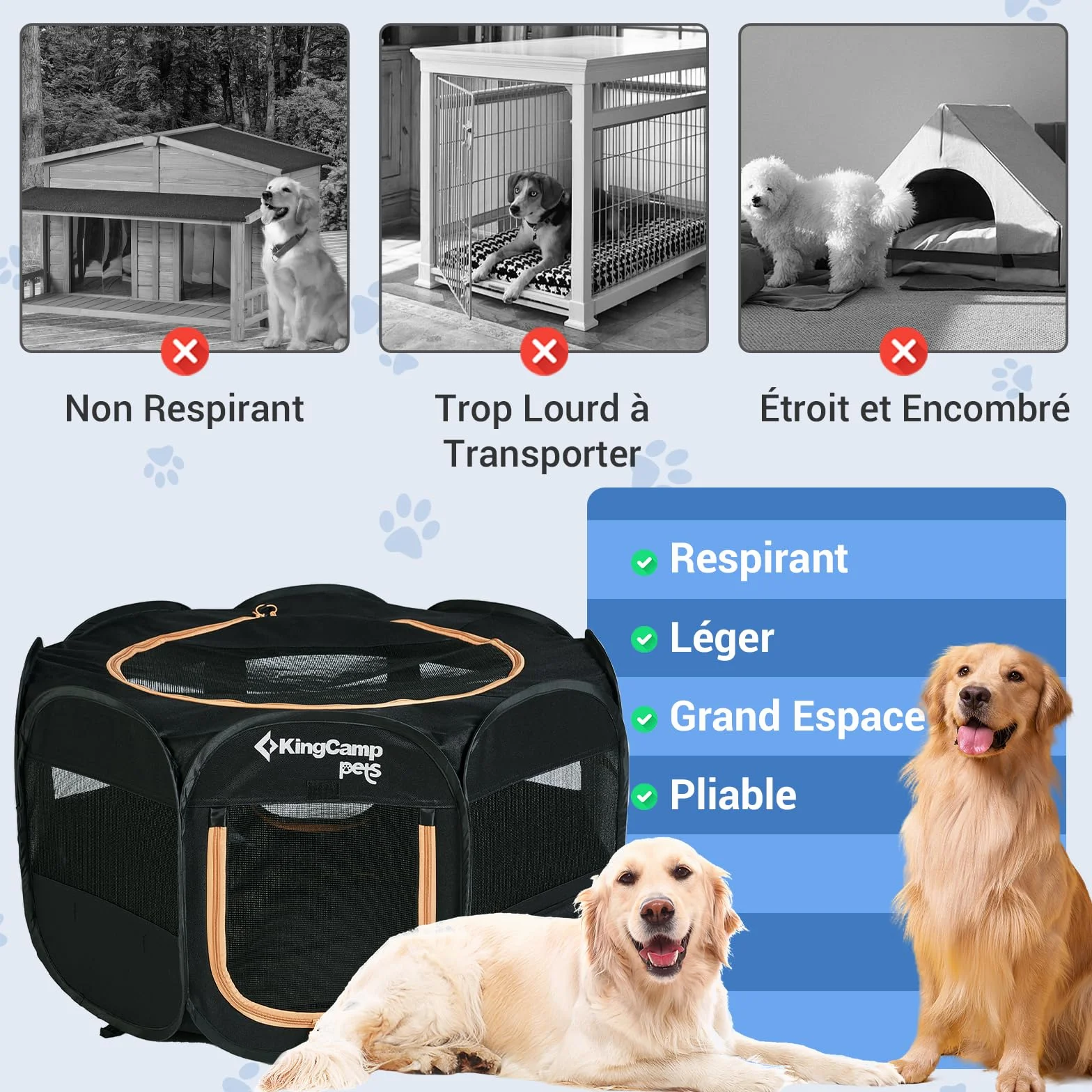 KingCamp Parc Pliable pour Chien Chat Chaton Enclos Respirant Oxford Résistant à l'Eau Portable avec Sac de Transport