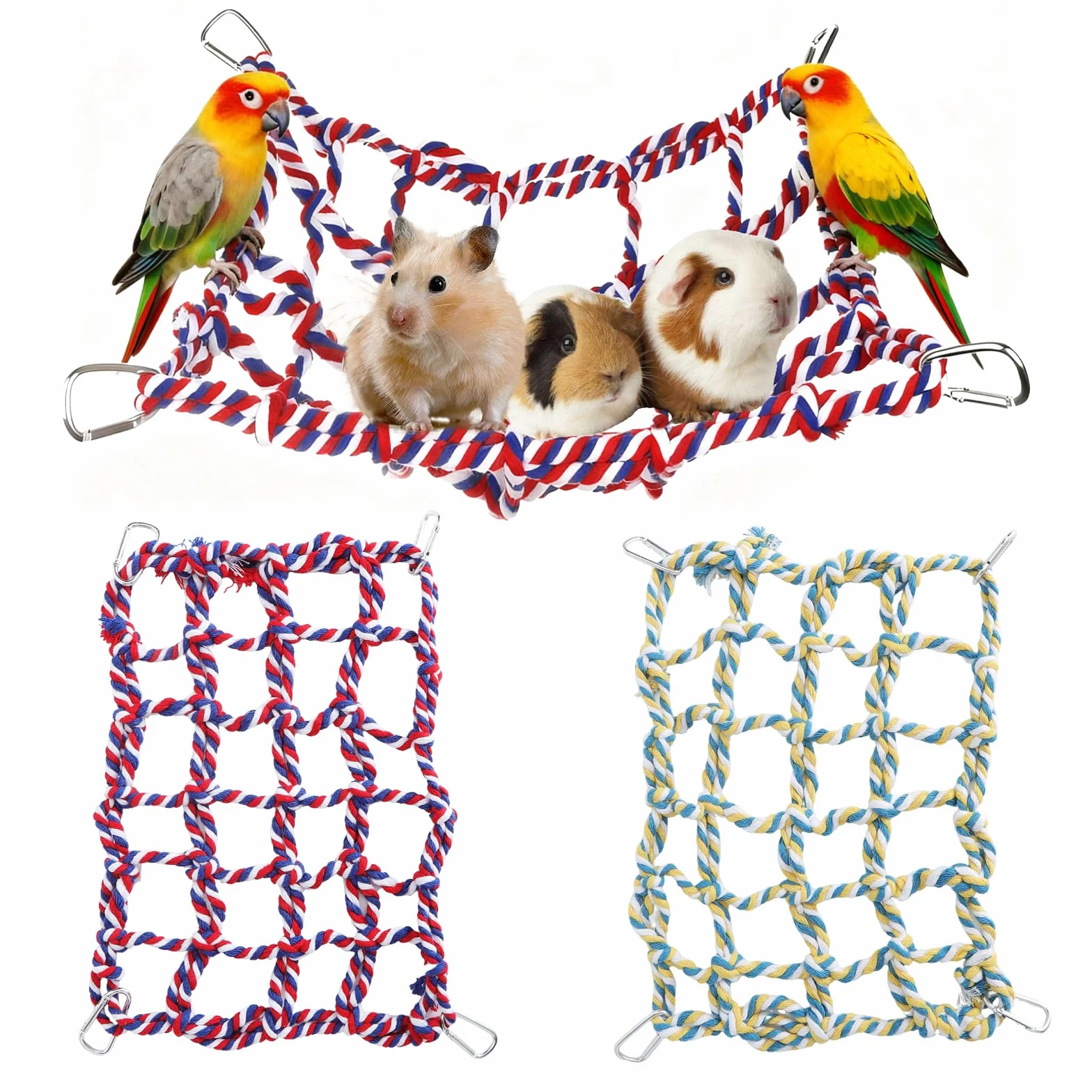 Lot de 2 Filets d’Escalade colorés en Coton pour Petits Animaux – Accessoires pour Cage de Rat avec 4 Crochets – hamac pour Rat, Perroquet, Hamster et Furet – Filet Suspendu Durable et Lavable