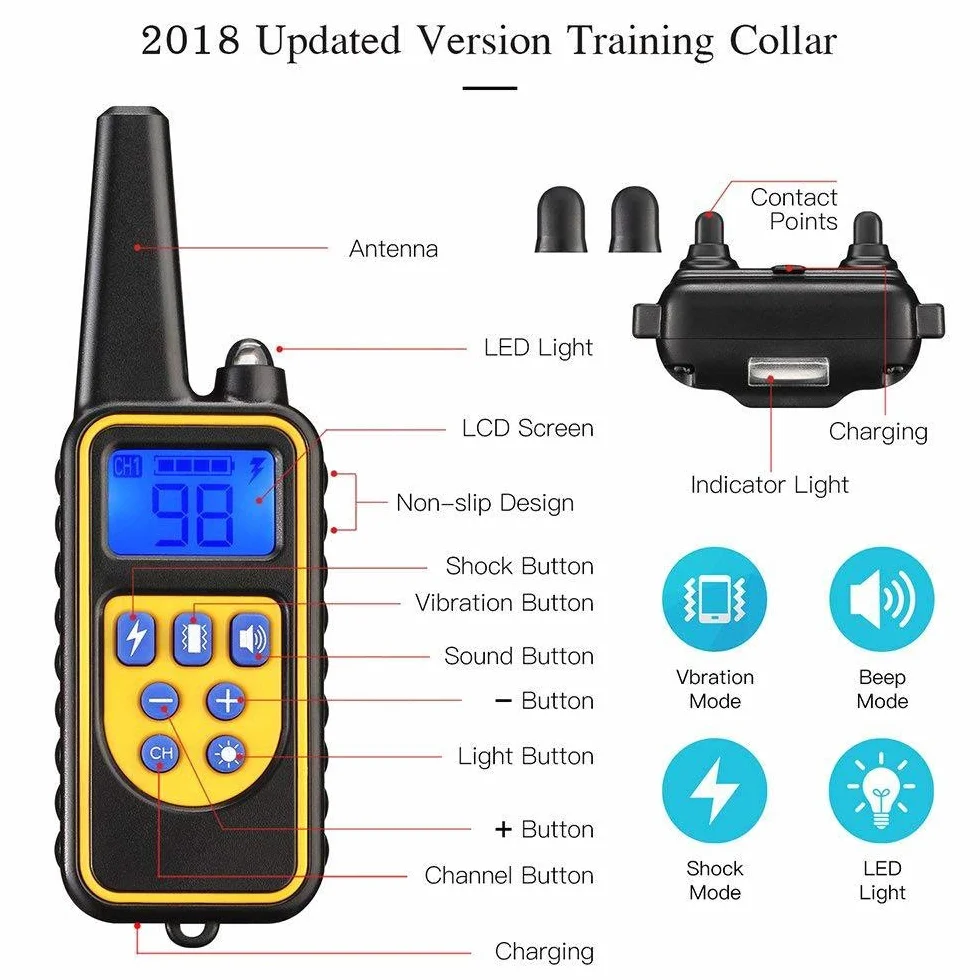 Collier de Dressage pour Chien, Rechargeable Collier Electrique pour Chien, Collier Dressage Chien avec Mode Vibration, Son, Choc Statique et Lumière, IPX67 étanche, Adapté à Tous Les Chiens
