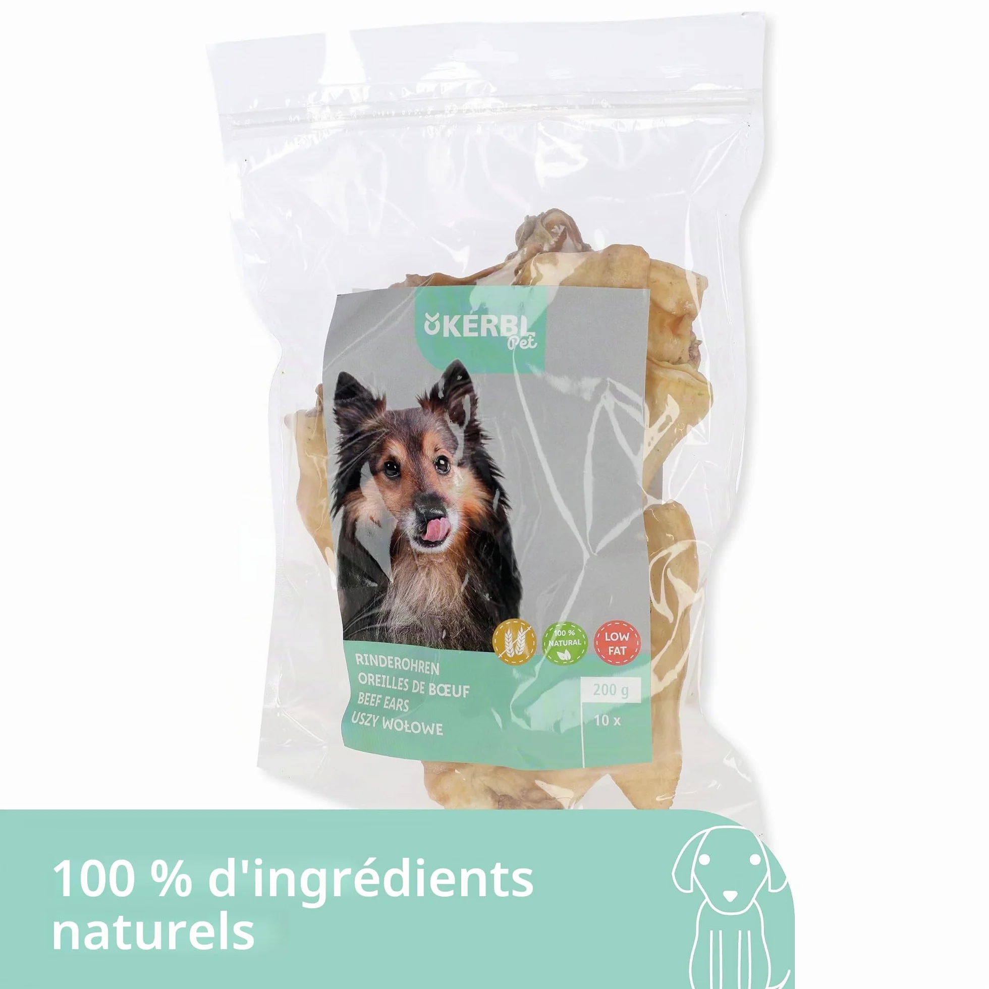 Kerbl Pet Oreilles de bœuf, friandises pour Chiens, 20 sachets, 380g, à mâcher Naturel, pour Chiens de Toutes Races, Faibles en Gras et sans Odeur