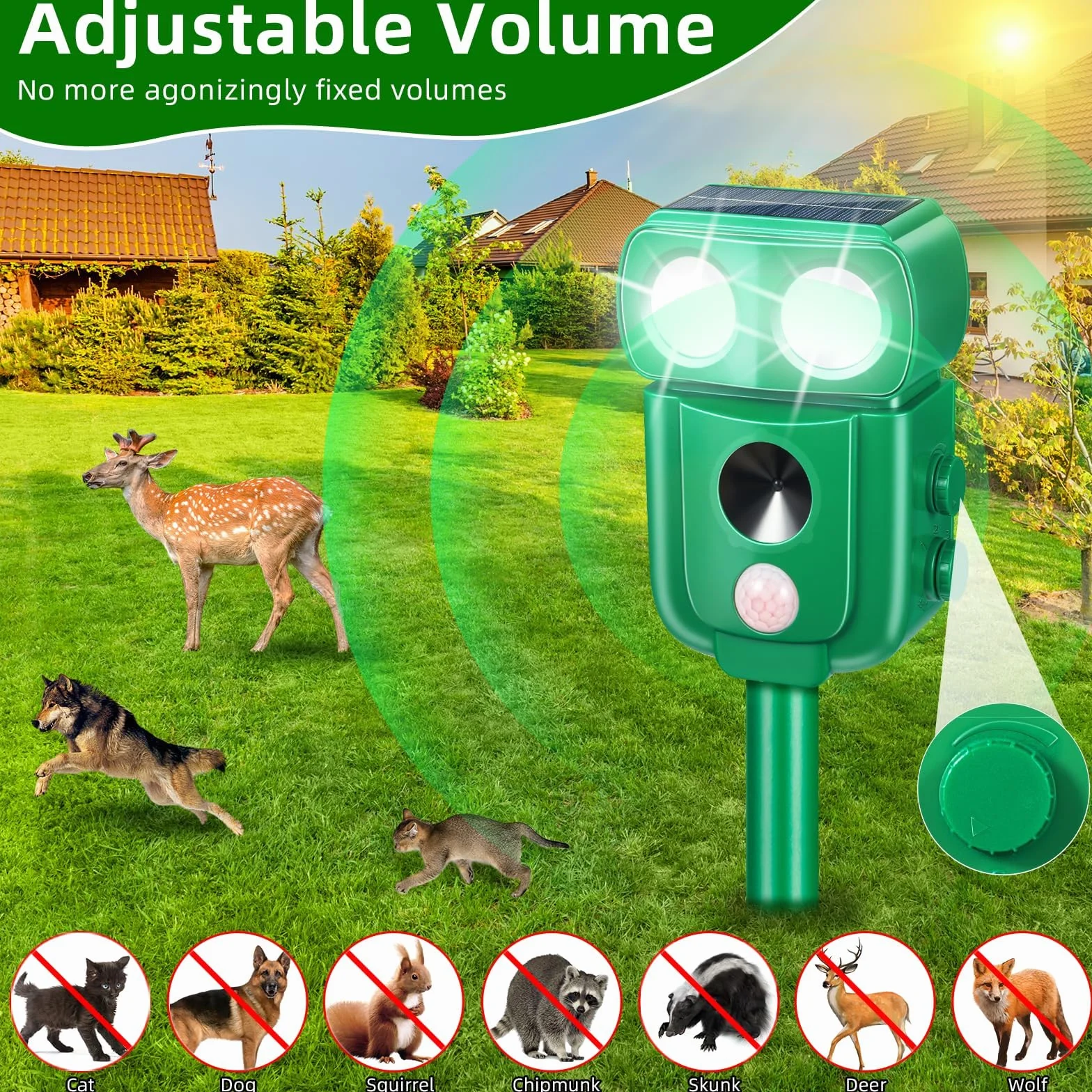 Répulsif pour chats à ultrasons solaire IP66 étanche fréquence réglable 5 modes