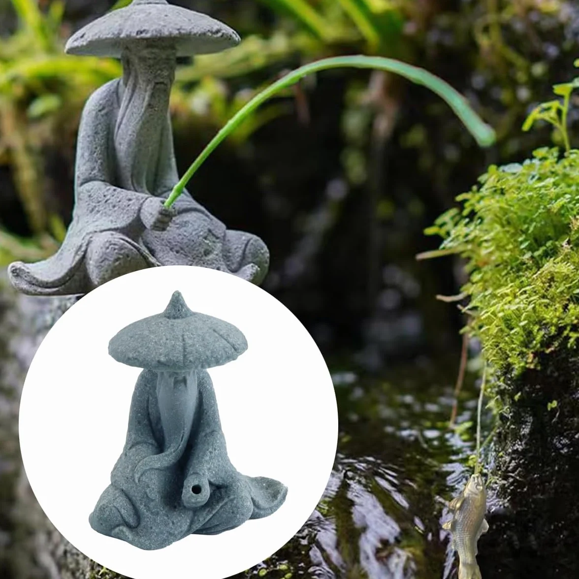 Figurine de pêcheur en grès, décoration aquarium asiatique, ornement jardin japonais