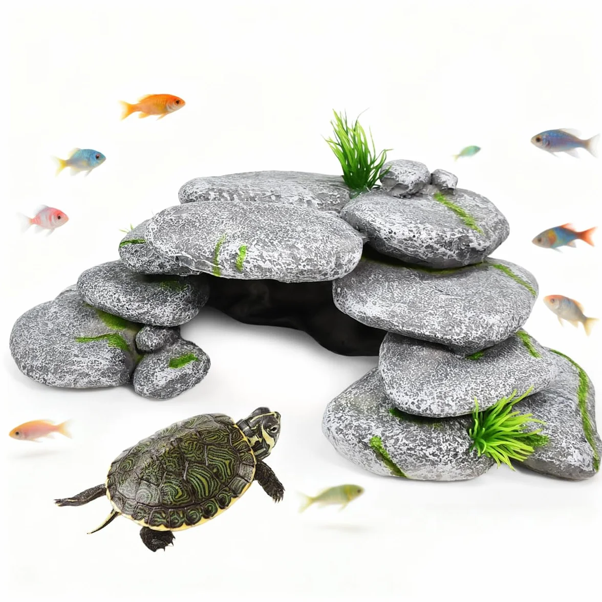Cachette Aquarium Tortue 23x12.5x7.5cm Décoration Résine Pierre Cachette Grotte Reptile Poisson