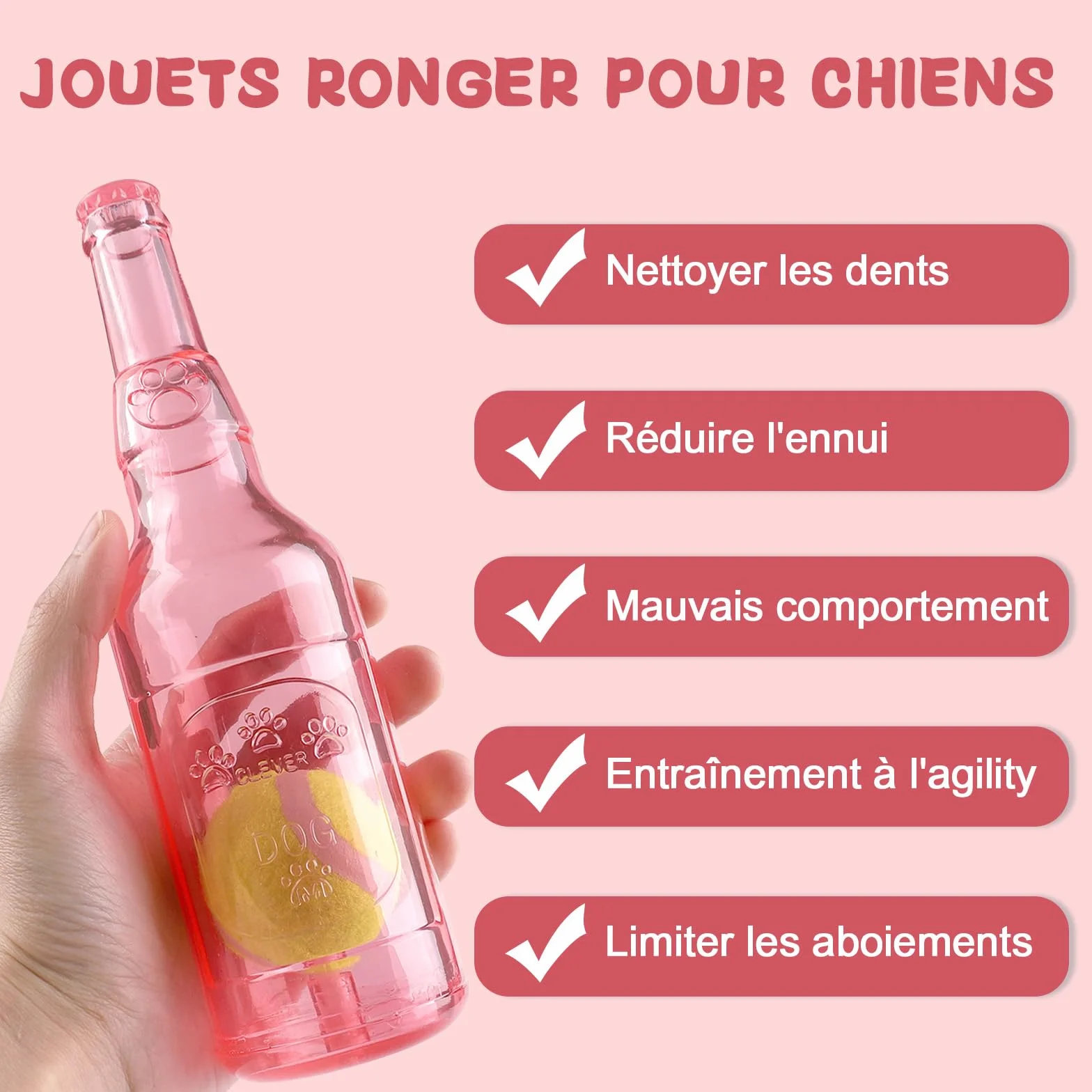 Jouet chien caoutchouc bouteille couinement, jouet interactif résistant morsure chiots petits moyens chiens rose