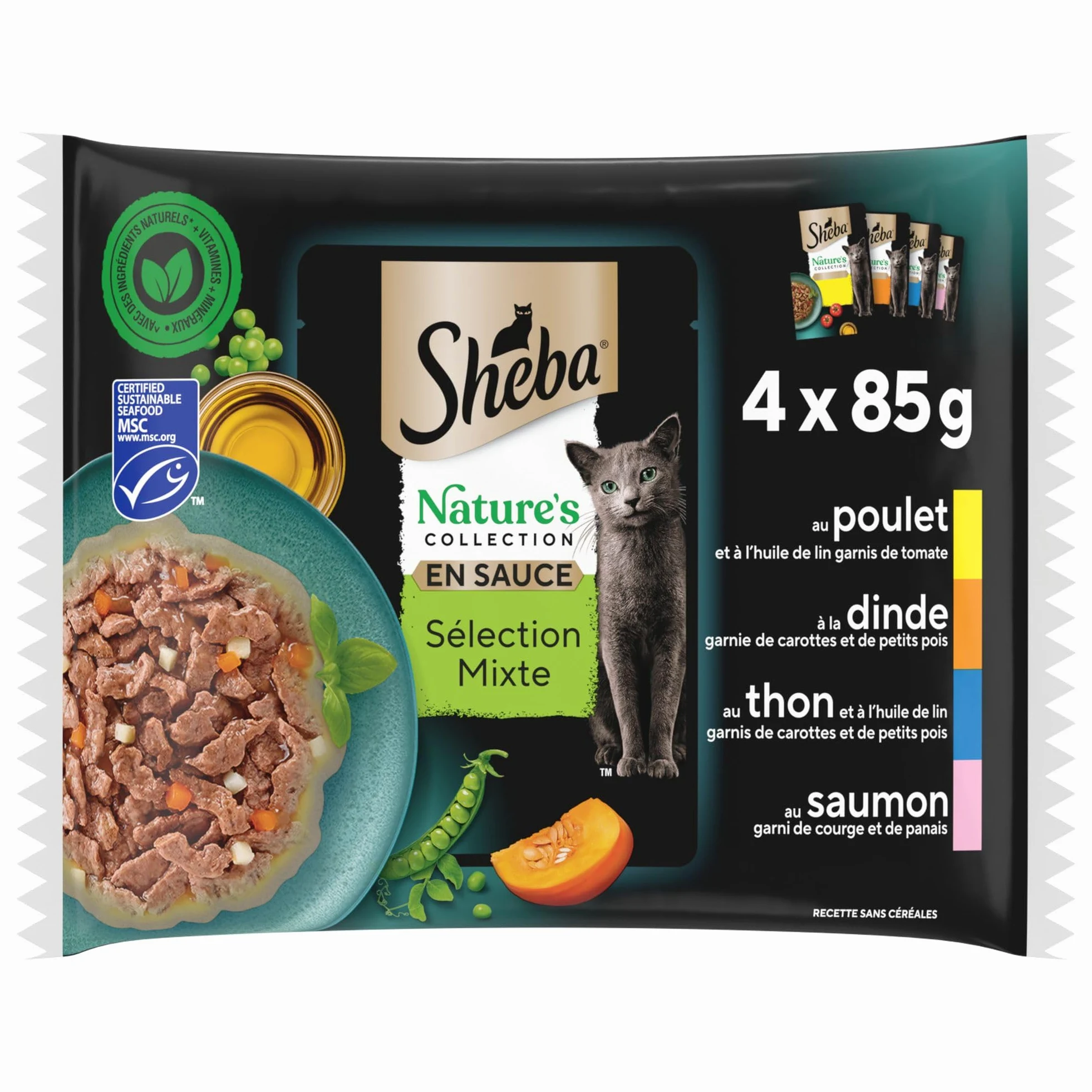 Sheba Nature's Collection en Sauce pour Chats Adultes - Nourriture Humide pour Chats Sélection Terre & Mer 4 variétés - Sachets fraîcheur (13 x 4 x 85g)