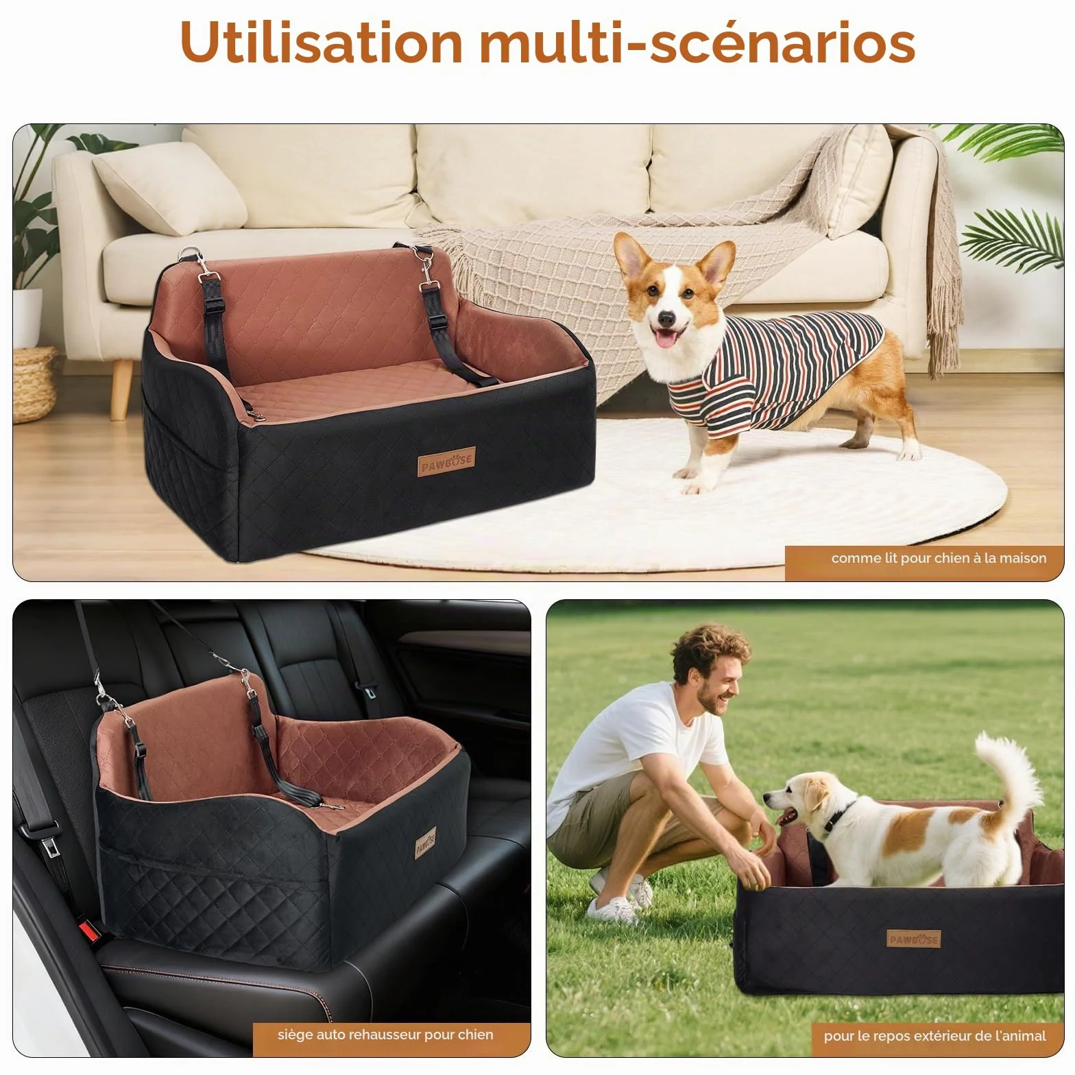 PAWBOSE Siège auto pour chien taille moyenne/grande moins 25 kg 2 petits chiens rembourrage tissu doux mousse mémoire forme amovible