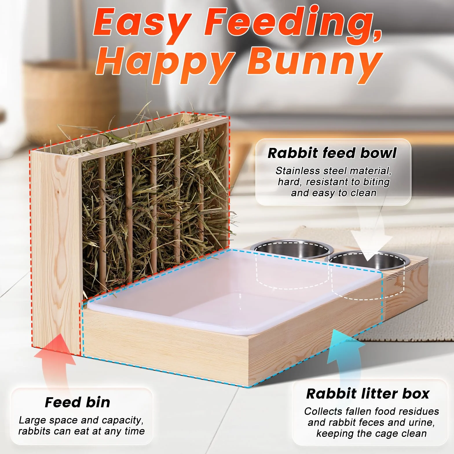 Râtelier à foin 3 en 1 pour lapin en bois avec deux bols distributeur nourriture petits animaux