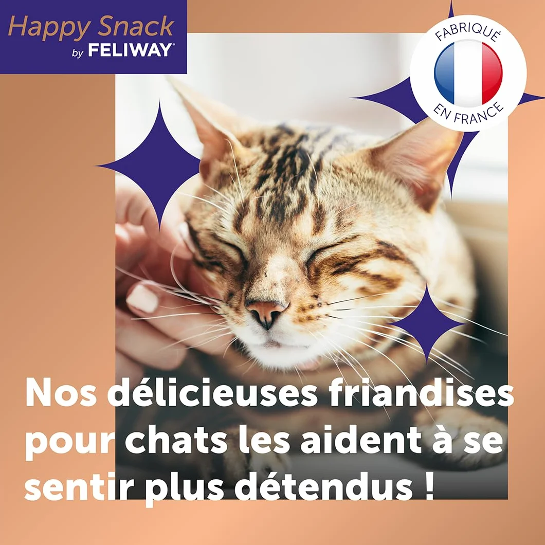 Happy Snack by FELIWAY - Pack de 5 boits - Friandise Onctueuse Relaxante pour Chat - Appréciée par 86% des Chats - sans Somnolence - Au Poulet - 30 Sticks de 15g