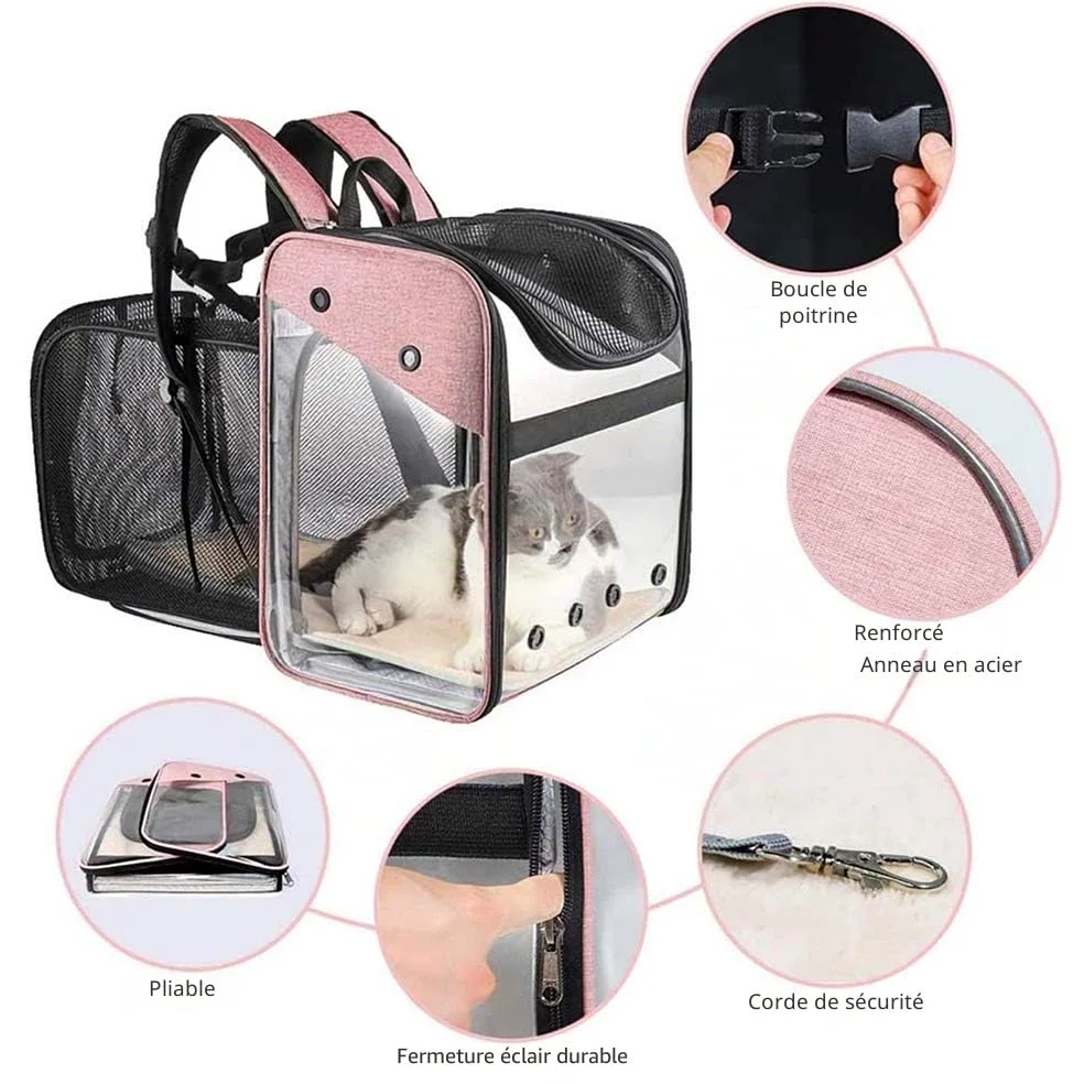 Sac de Transport Chat Petit Chien 10kg, Sac à Dos Extensible Transparent pour Animaux, Pliable Spacieux Respirant avec Matelas en Peluche, Grand Transporteur pour Voyage on Train Voiture Avion (Rose)