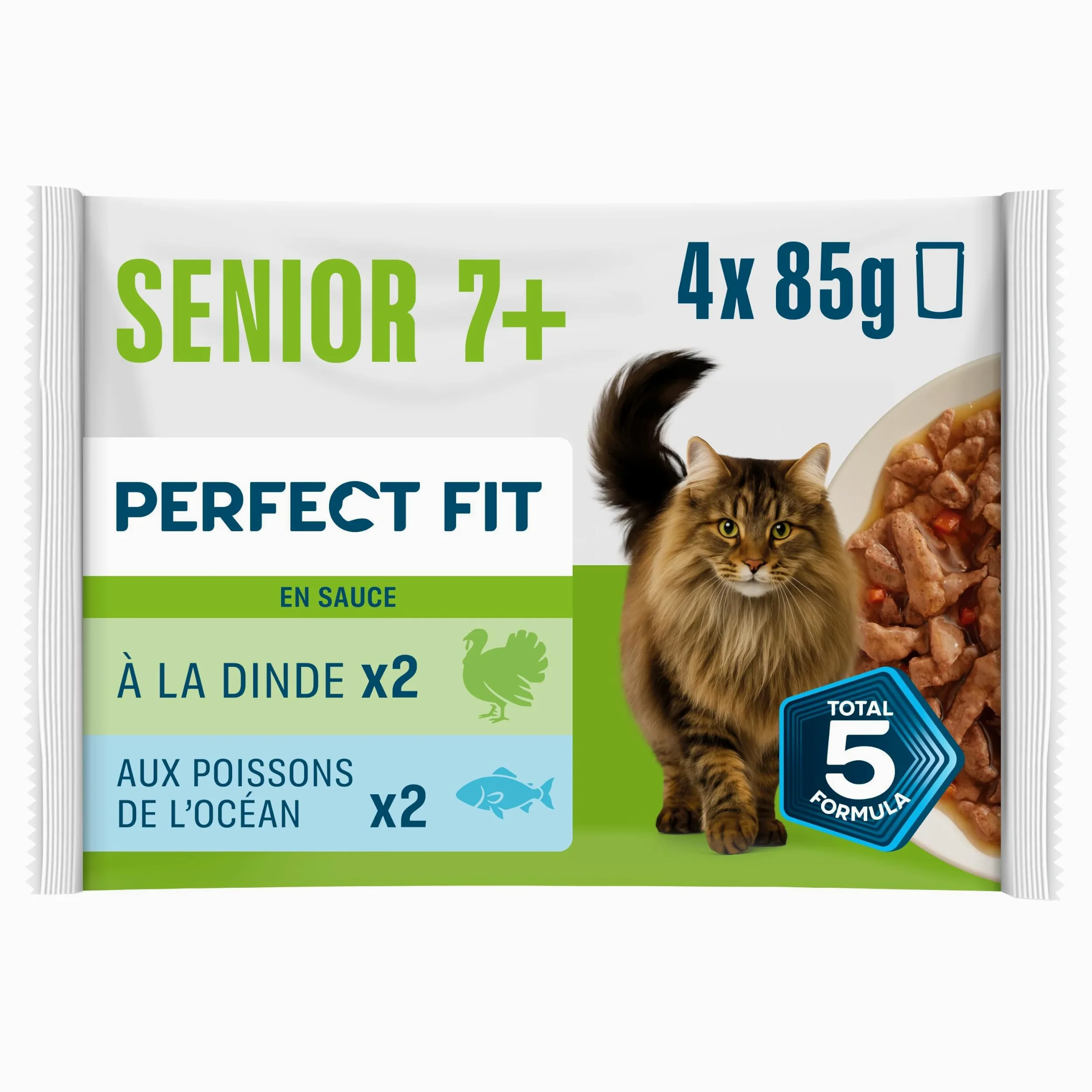Sachet de Nourriture pour Chat Senior 7+, 4 x 13 x 85 g à la Dinde et aux Légumes/aux Poissons de l'océan et aux Petits Pois (Pack de 52)