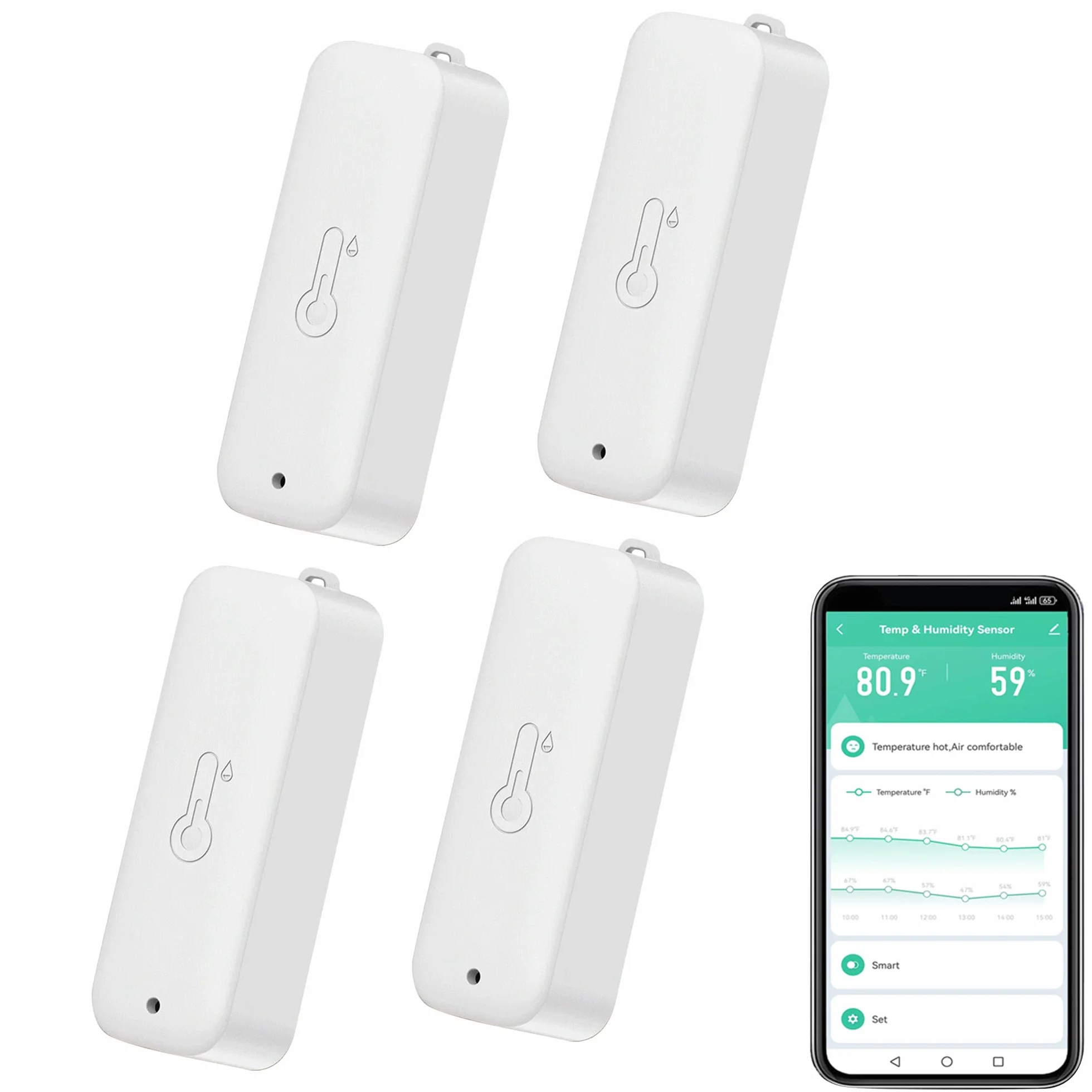 Thermomètre hygromètre intelligent: capteur d'humidité et de température étanche avec notification d'alarme par application, auto-magnétique pour l'intérieur et l'extérieur, fit Alexa (4PCS,White)