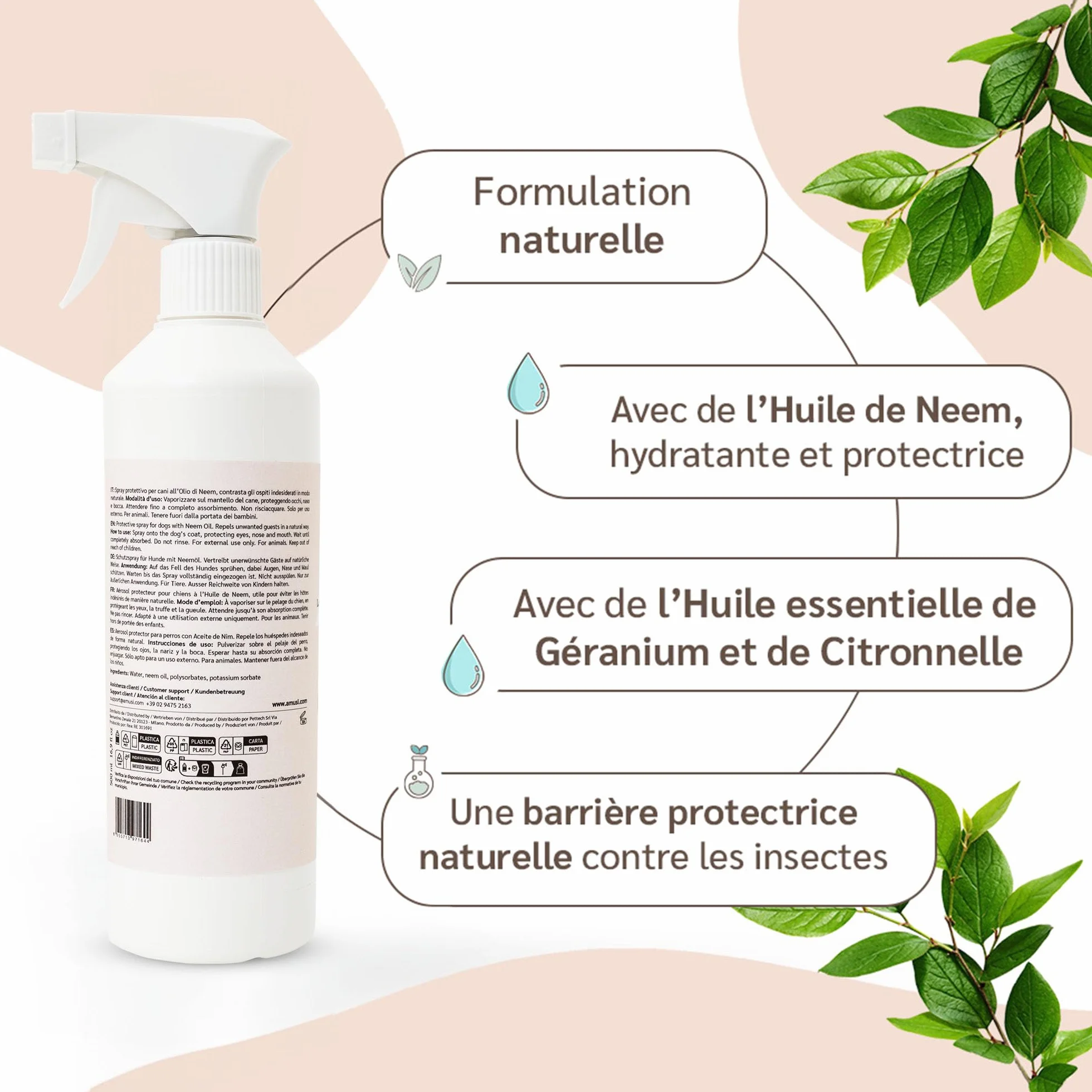 Huile de Neem pour Chiens 500 ML Spray Répulsif Protection Naturelle Contre Tiques Mouches Acariens Poux