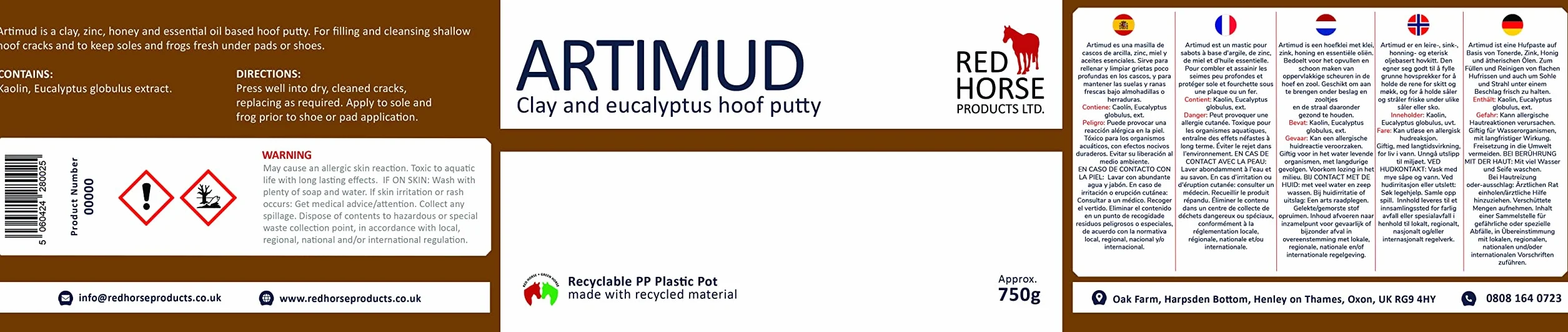 Artimud – Mastic pour sabot de cheval | Traitement du muguet | 750 g | Argile de sabot de cheval à l'eucalyptus | Protection de grenouille équine et de la semelle | Red Horse Products | Boue naturelle