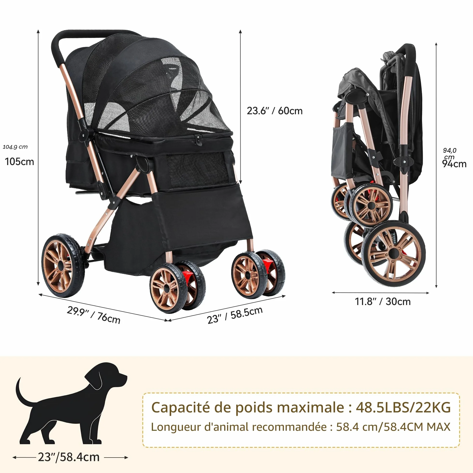 DWVO Poussette 3 en 1 pour Chien et Chat Pliable 22 kg Roues EVA Résistantes à l'Usure 360° Panier de Rangement Fenêtre en Filet 58,5 x 76 x 105 cm