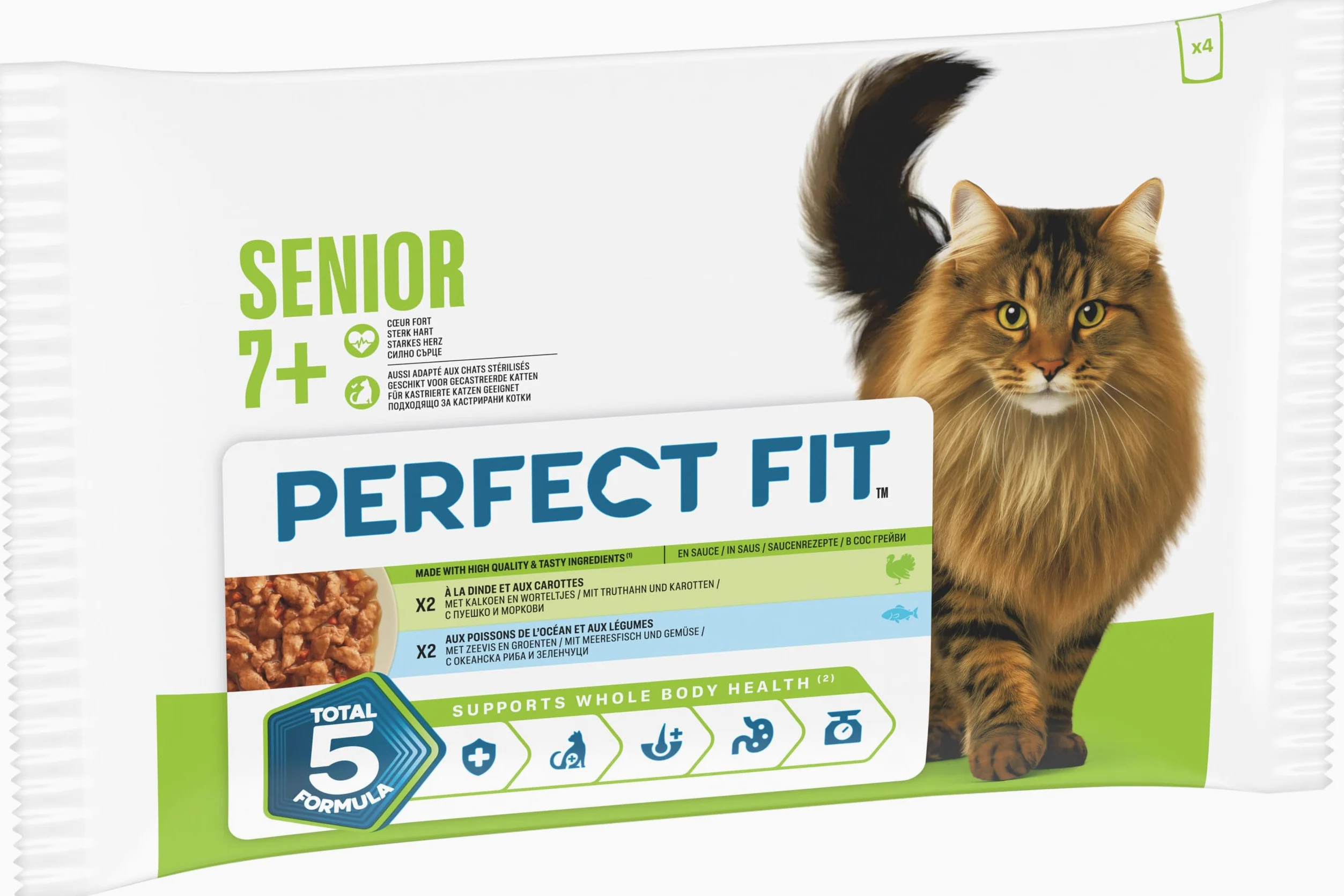Sachet de Nourriture pour Chat Senior 7+, 4 x 13 x 85 g à la Dinde et aux Légumes/aux Poissons de l'océan et aux Petits Pois (Pack de 52)