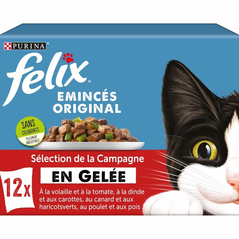 FELIX Emincés Original Chat Adulte Aliment humide 100% complet équilibré Gelée Volaille Dinde Canard Poulet 12 x 85g