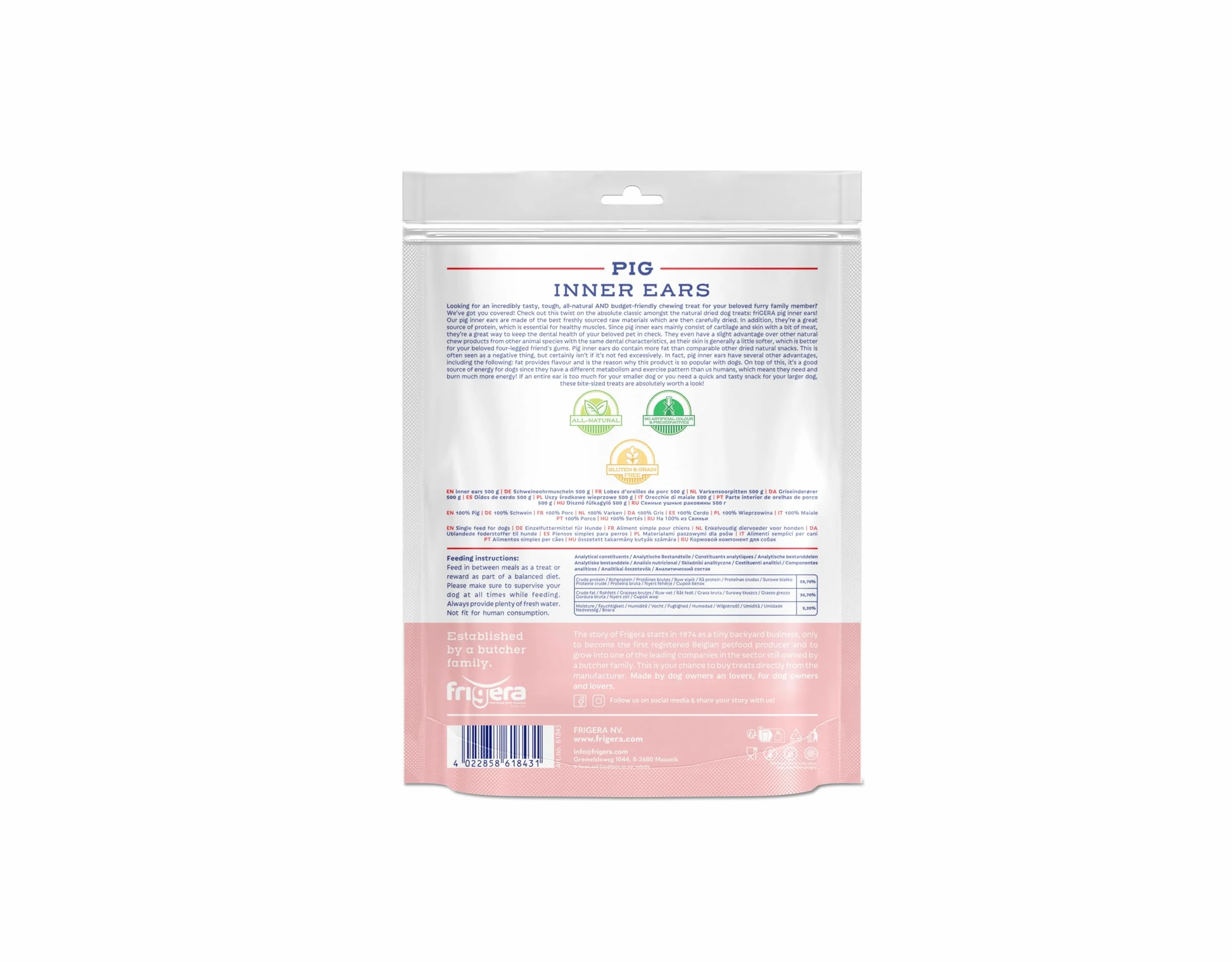 Frigera Lobes d'oreilles de Porc 500g – Friandises Naturelles Riches en protéines pour Chiens, sans Gluten ni céréales