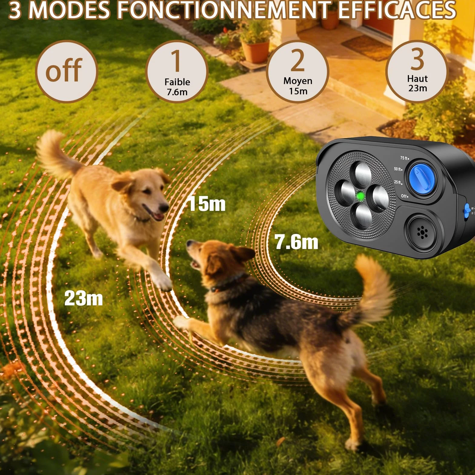Anti Aboiement Chien Ultrason Puissant, 3 Modes, Portée 23 m, IP65 Rechargeable, Sifflet Ultrasonique Intérieur/Extérieur