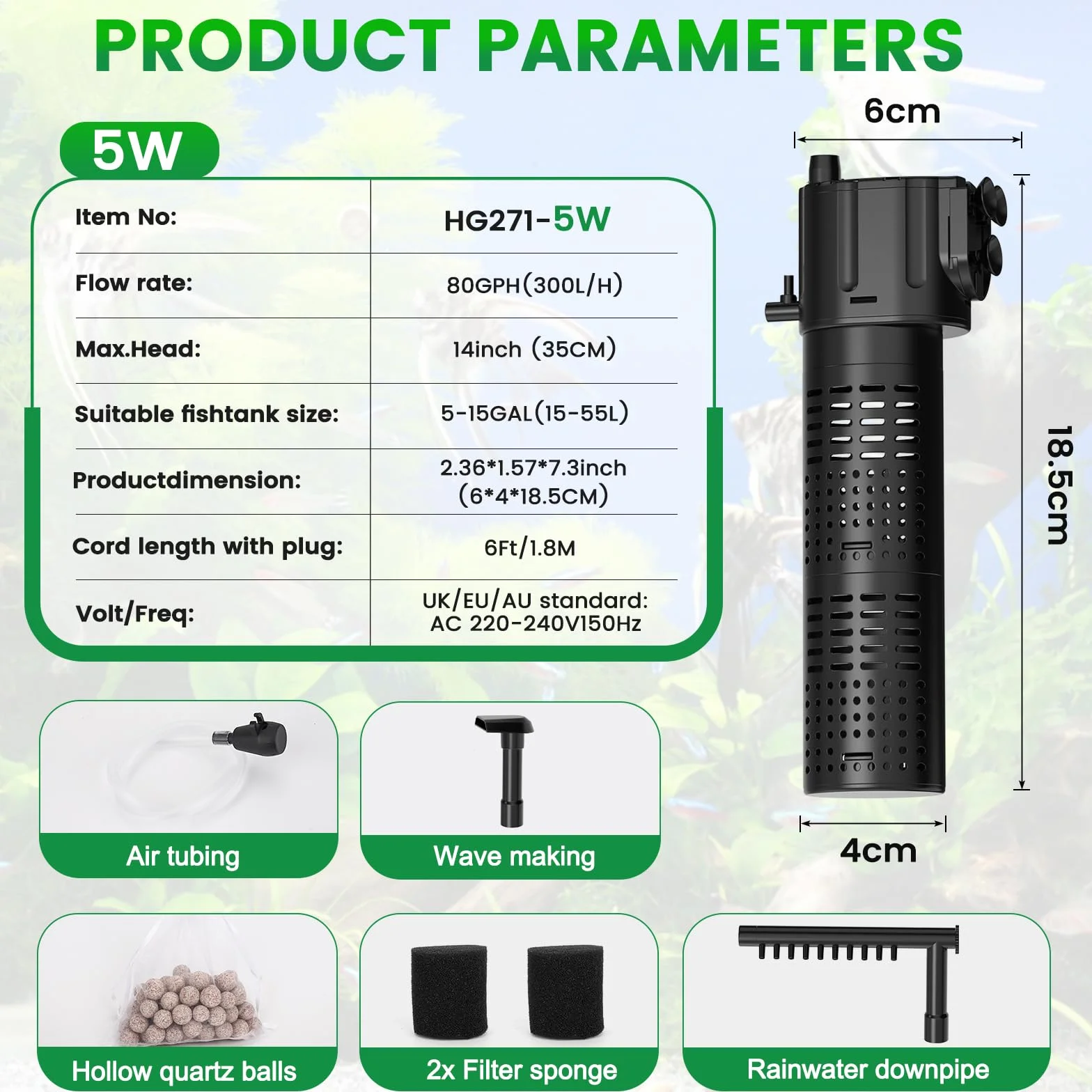 hygger Aquarium Filter 300L/H 5W Adjustable Fish Tank Filter Pump with Rainfall Aeration for 15-55L Tanks
