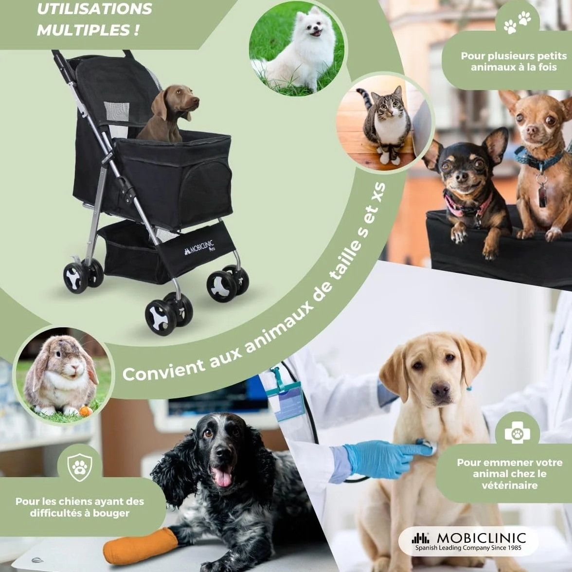 Mobiclinic Poussette Buggy Pliable Chien Zuma Jusqu'à 15 kg Roues Freins 360° Panier XXL Noir