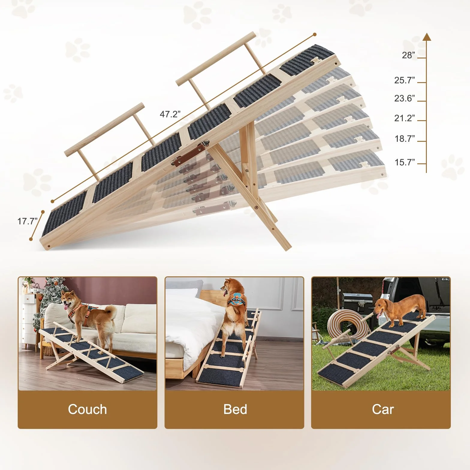 Rampe pour chien en bois 120 cm antidérapante 6 hauteurs réglables 40-71 cm avec tapis de traction