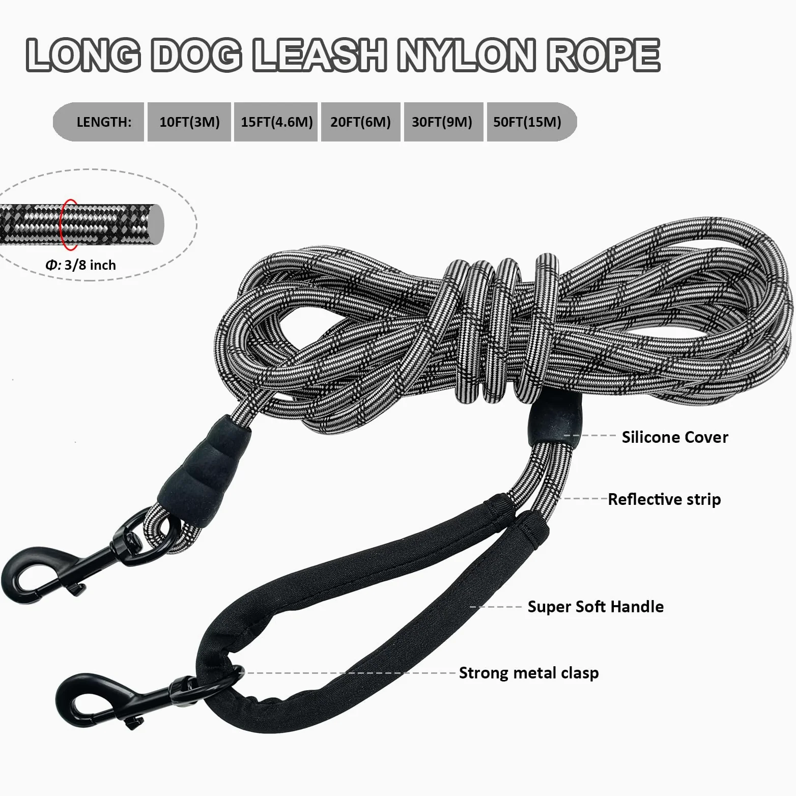 BTINESFUL Longue laisse de dressage pour chien, 3/4,8/6,8/9,1/15,2 m, laisse de dressage pour chien avec poignée souple, laisse réfléchissante et résistante pour chiens de taille moyenne et grande
