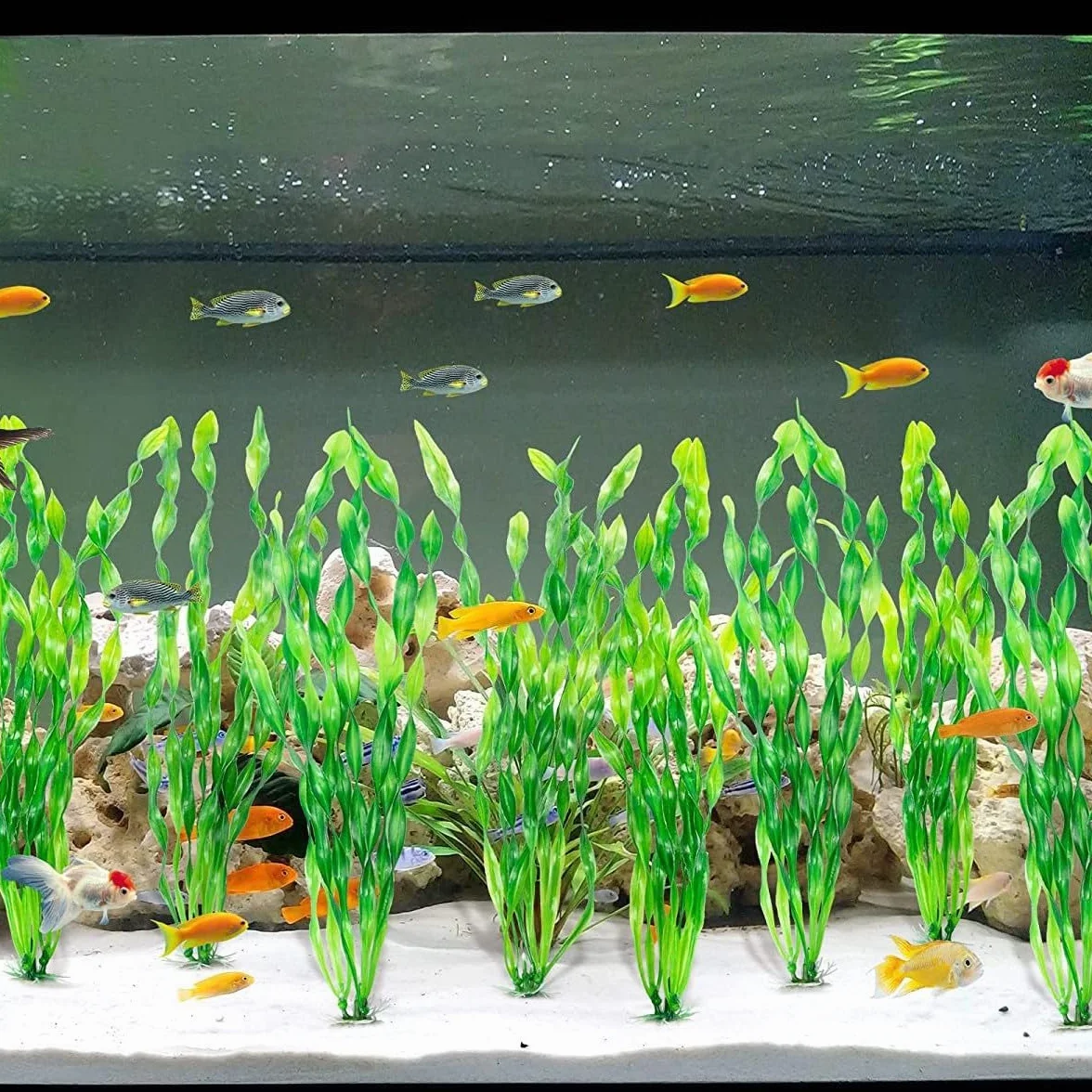 Lot de 5 Plantes Aquarium Artificielles, Base en Céramique, Décoration Poisson pour Aquarium Eau Douce et Eau de Mer
