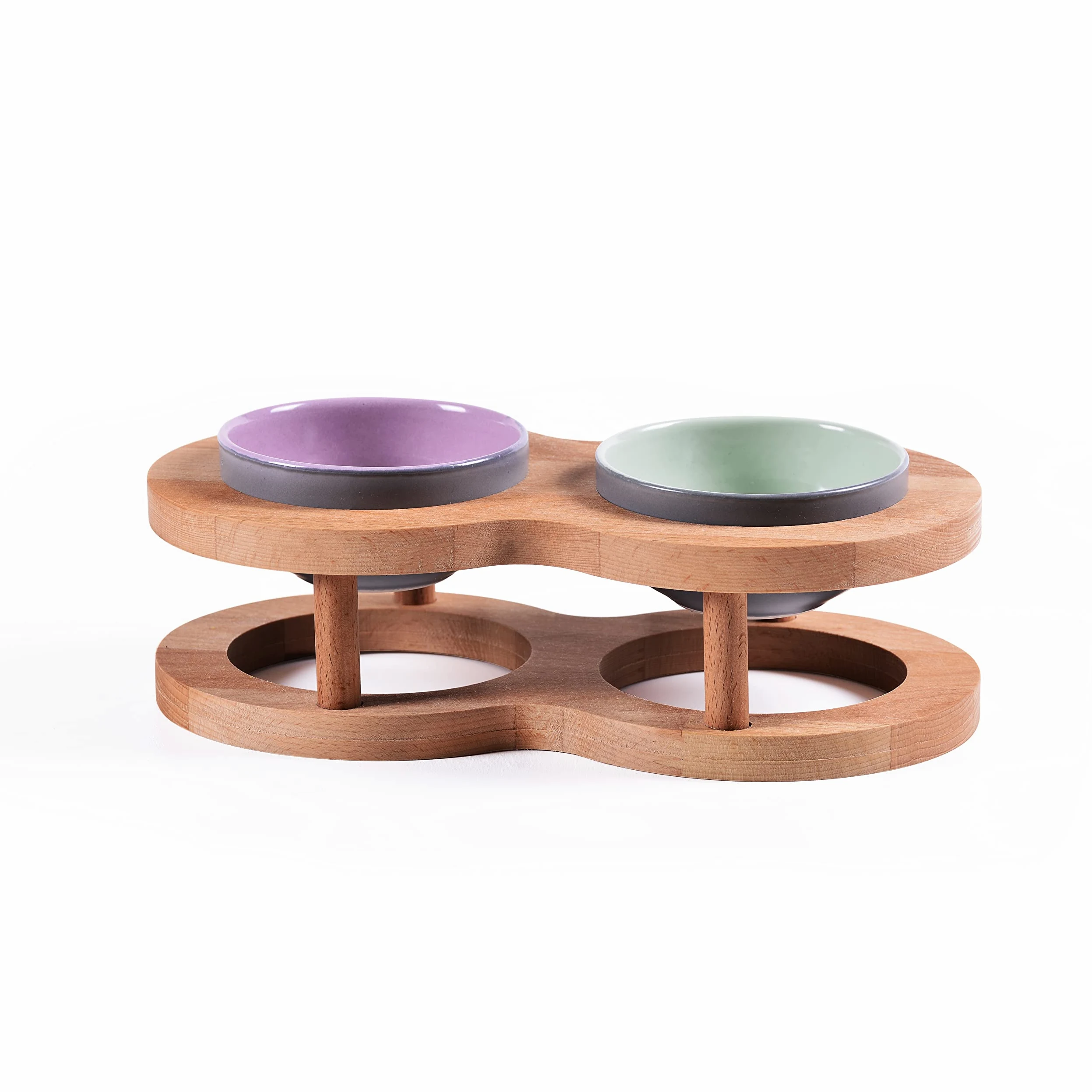 Lot de 2 gamelles en céramique avec support en bois pour chien et chat - Sans déversement - Pour nourriture et eau - Pour chats et petits chiens - Table à manger - Style clôture - Double gamelle