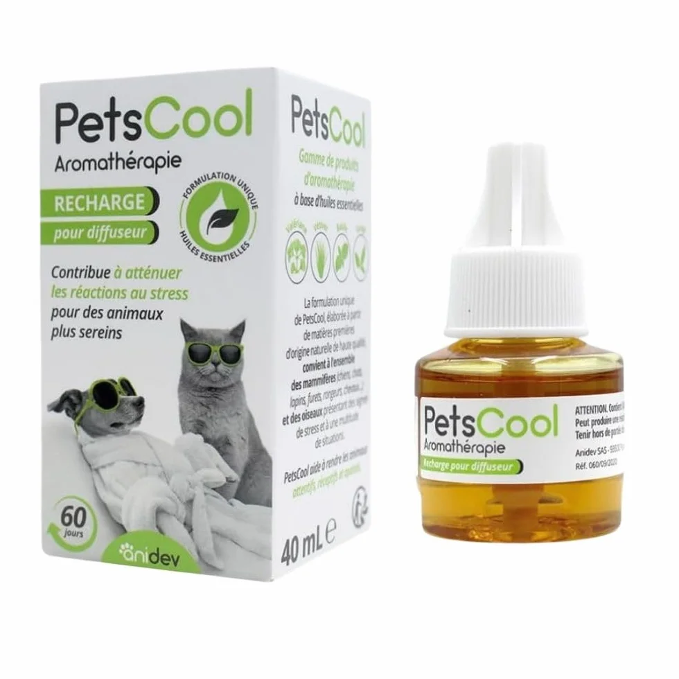 Anidev PetsCool Diffuseur Apaisant 40 ML Anti Stress Chien Chat NAC Huiles Essentielles Valériane Vétiver Sauge Basilic Diffusion Continue 8 Semaines