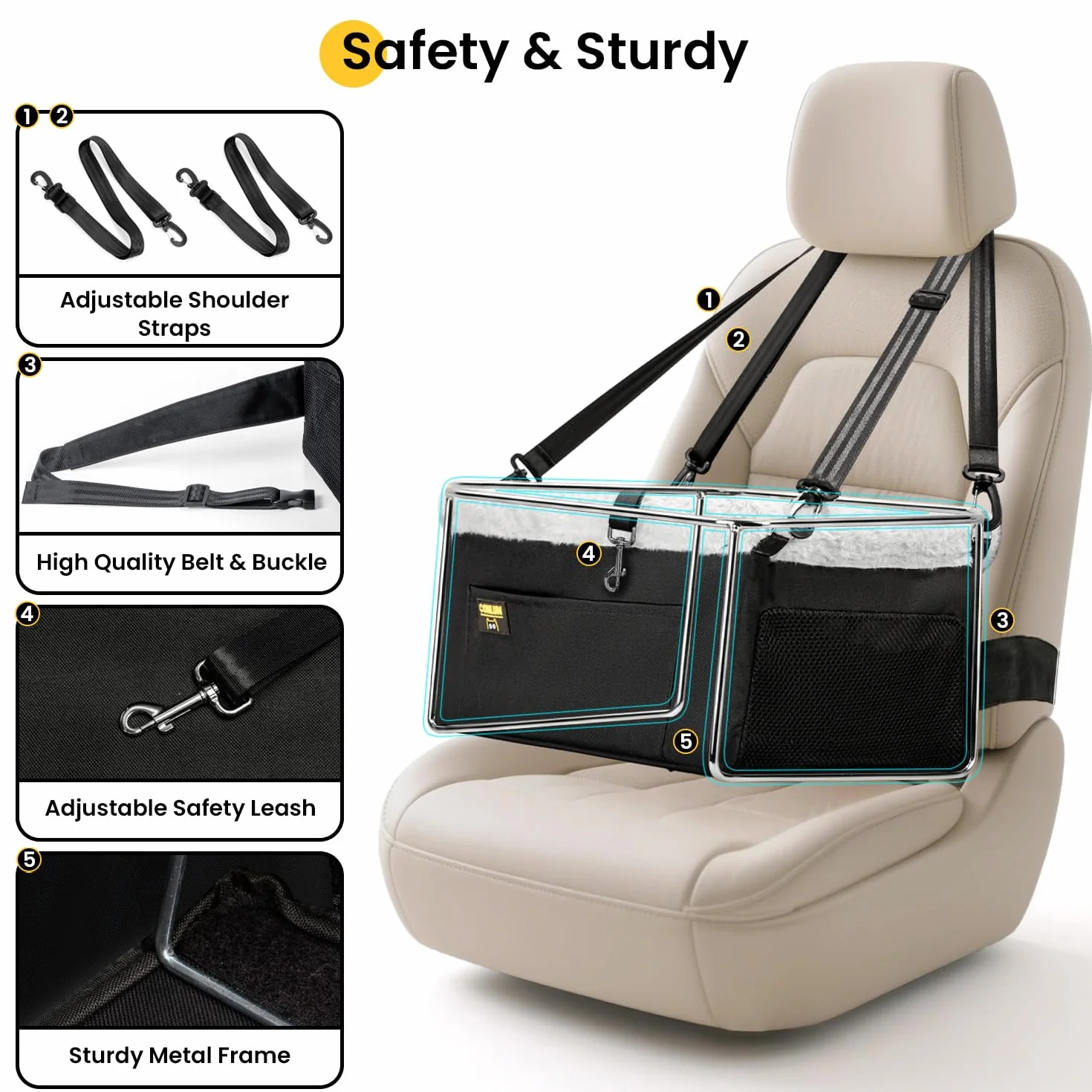 Conlun Siège Auto pour Chien de Petite Taille et Chat, Panier Chien Voiture avec Structure en Acier Renforcé, Transport Chien Voiture Imperméable avec Laisse de Sécurité, Jusqu'à 9 kg (40x33x22 cm)