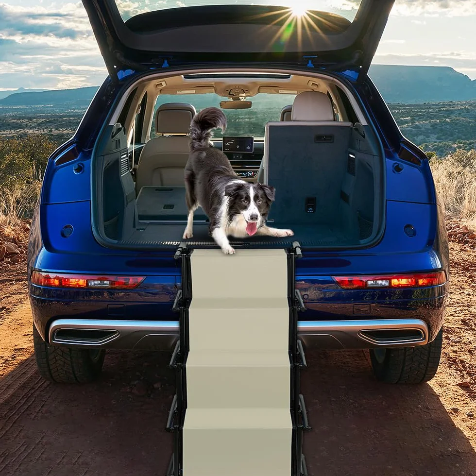 Rampe de Voiture Pliable pour Chien, Escalier à 4 Marches pour Animaux de Compagnie, Utilisable pour Tous Les véhicules, Chargable jusqu'à 75 kg Imperméable Polyester Oxford Métal (Beige)